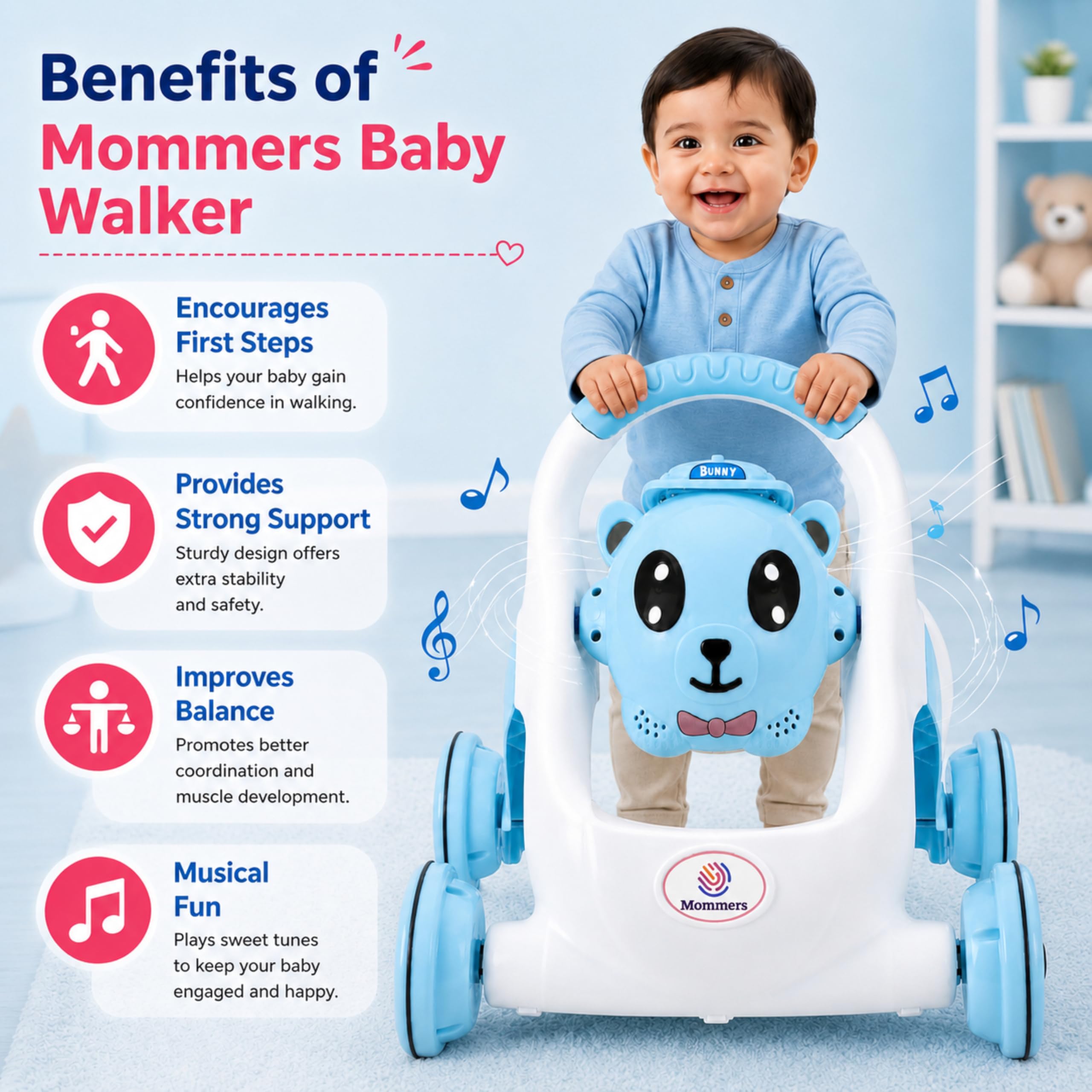 Mommers Baby Walker Musical Push Support with Wheels & Handle | Cute Design Activity Walker for Toddlers | Balanced Wheels Walker | Indoor Play 4