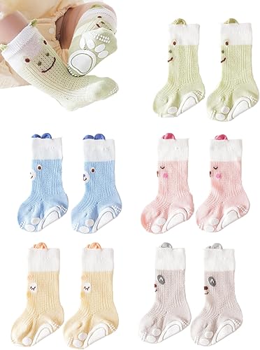 Calcetines antideslizantes para niños pequeños, calcetines hasta la rodilla, calcetines de malla fina para bebés, botines Pointelle con ojales, 5