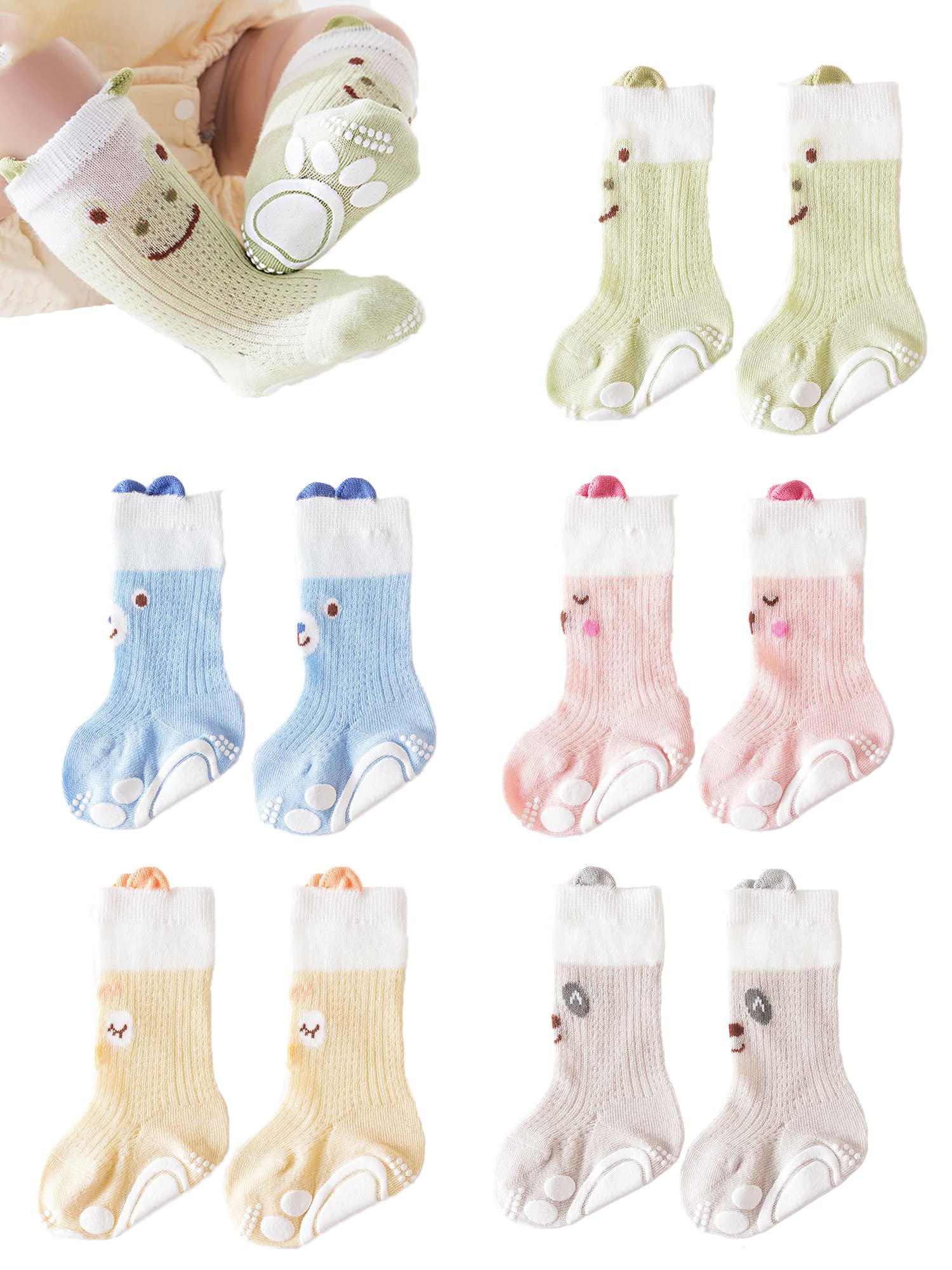 BEHELE Toddler Non-skid Socks Knee High Baby Socks Thin Mesh Infant Socks Pointelle Eyelet Booties 5 Pairs (as1, age, 6_months, 12_months)