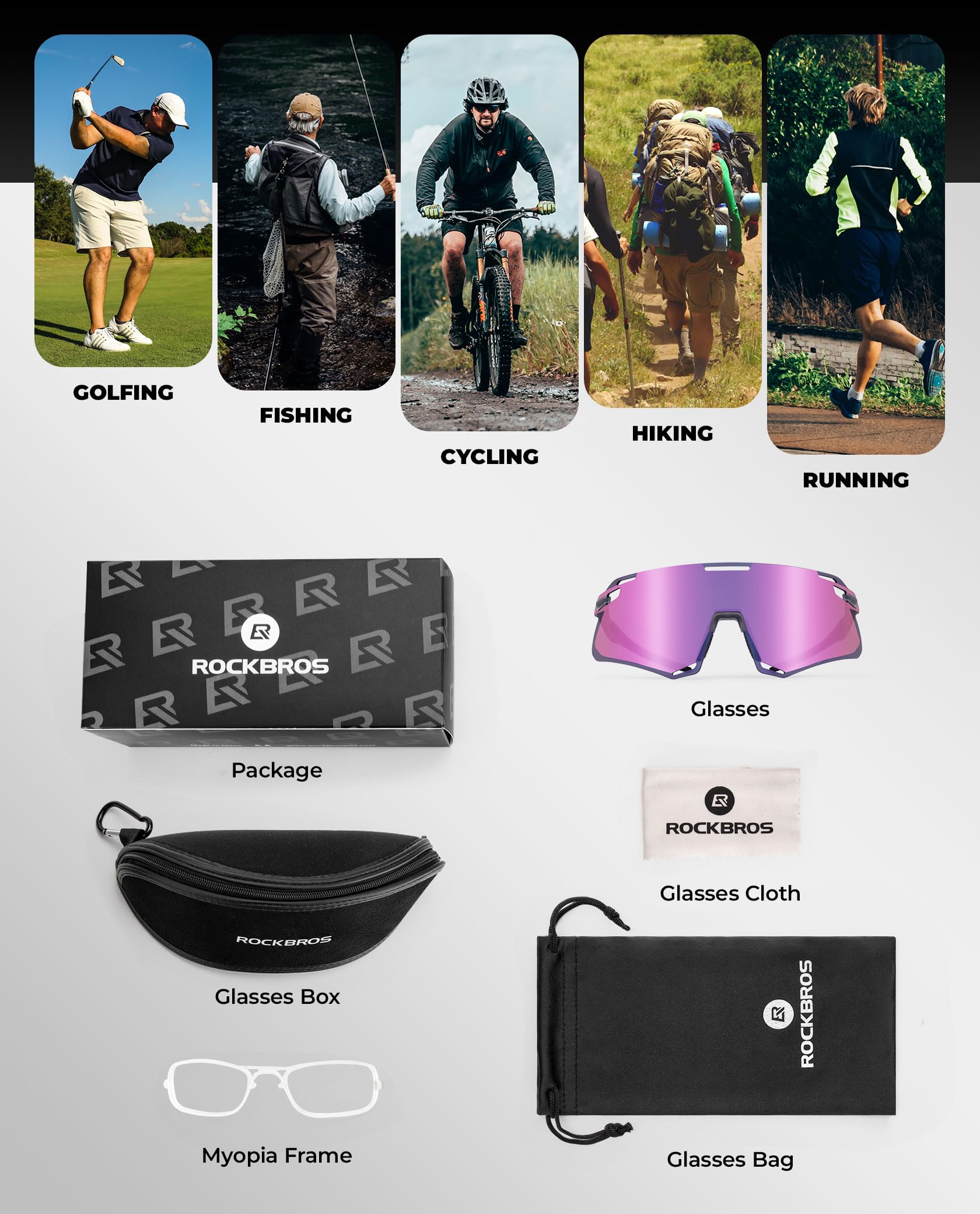 ROCKBROS Occhiali da Ciclismo Polarizzati, Occhiali da Sole Bici Sportivi Uomo, con Montatura TR90, Antivento, per Sport All'Aperto MTB Pesca Corsa Unisex