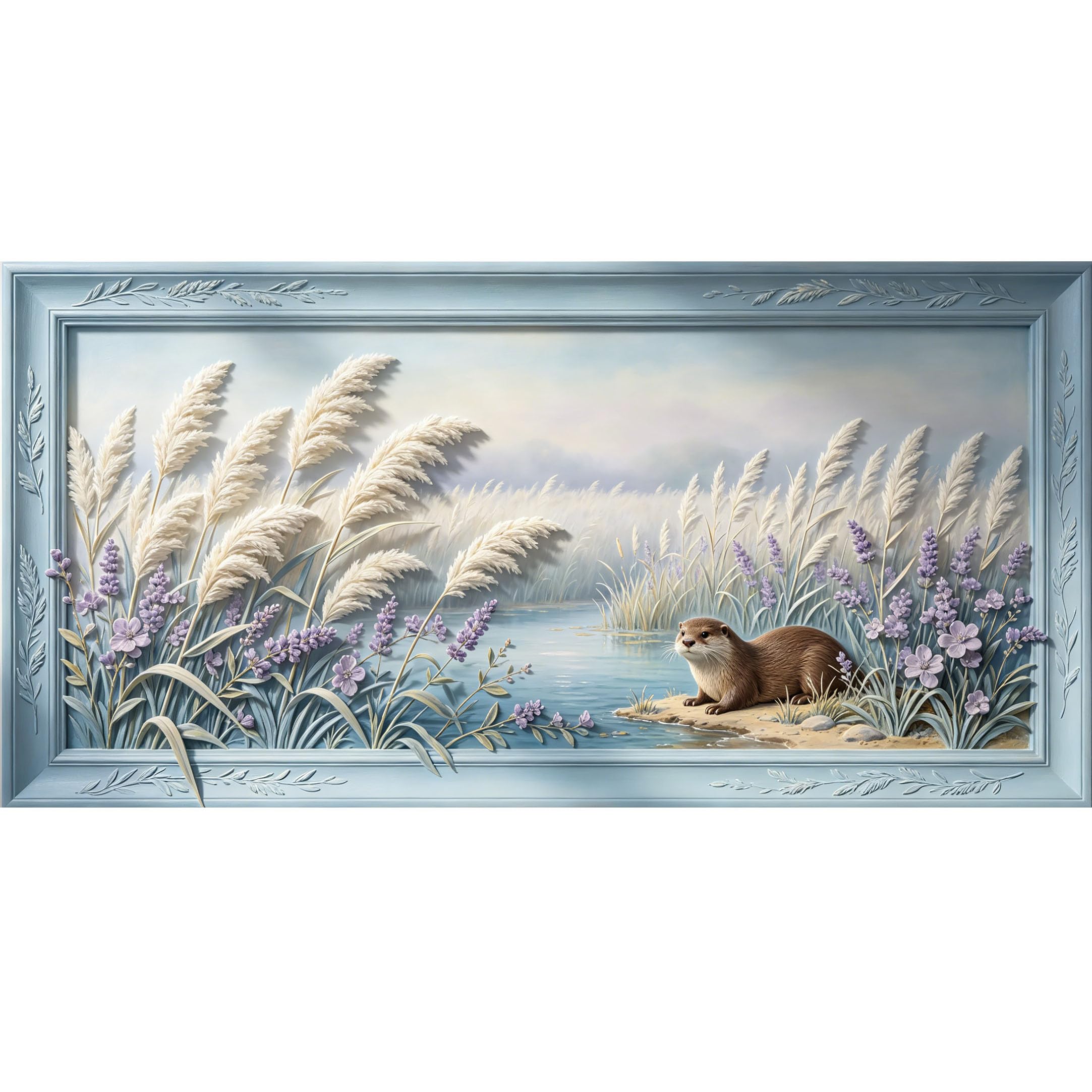 Agglomerix 3D Framed Wall Art Coastal Marsh Otter Reed Lake Botanical Relief Large Size Self-Adhesive Removable Wall Decor Prints Artwork for Living Room Bedroom Office