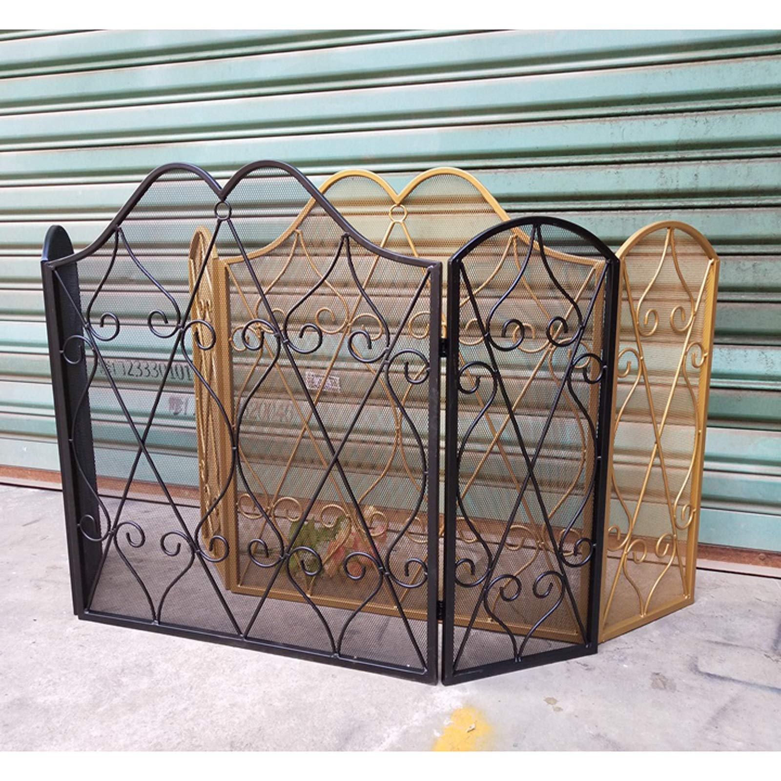 Salvachispas Chimenea Tres paneles decorativos de desplazamiento arco diseño chimenea pantallas de hierro forjado Malla de metal Malla pequeña Pantalla de chimenea Pantalla de chimenea gratis de pie,