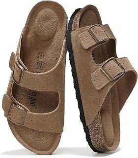 Project Cloud Venita Genuine Leather Women's Flat Sandals - Cork Footbed, Memory Foam Arch Support, Non-Slip Vacation Slides