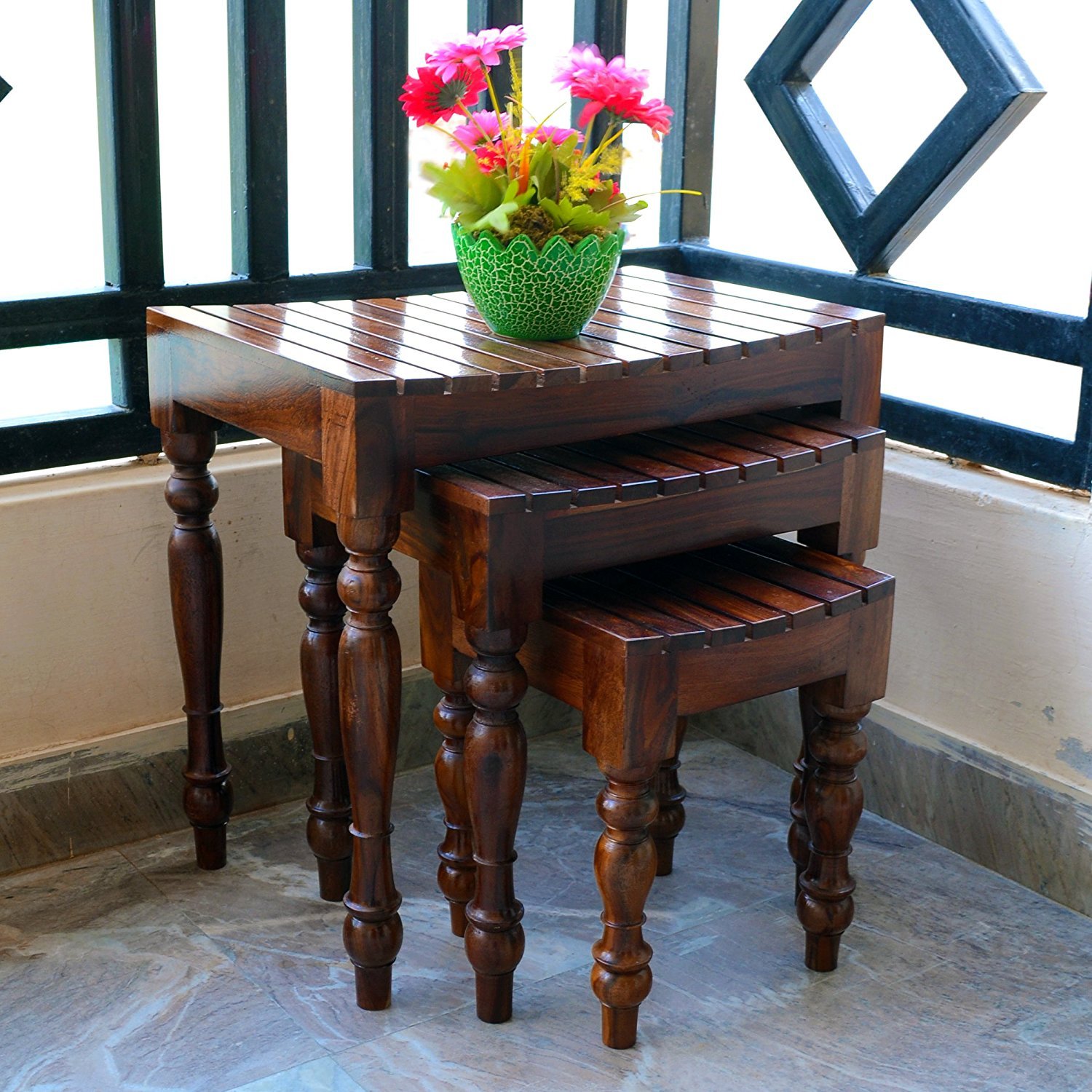 DRIFTINGWOOD Sheesham Wood Nesting Tables for Living Room | Set of 3 Stools | Walnut Brown