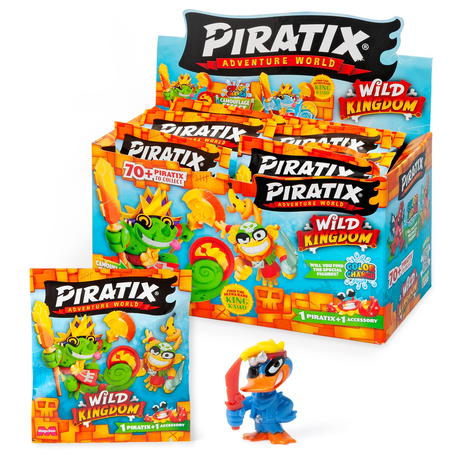 PIRATIX ADVENTURE WORLD Seria Wild Kingdom - pudełko z 24 kopertami niespodzianki z kolekcjonerskimi figurkami pirackimi. Każda koperta zawiera 1 niespodziankę Piratix i 1 akcesorium z efektem zmiany