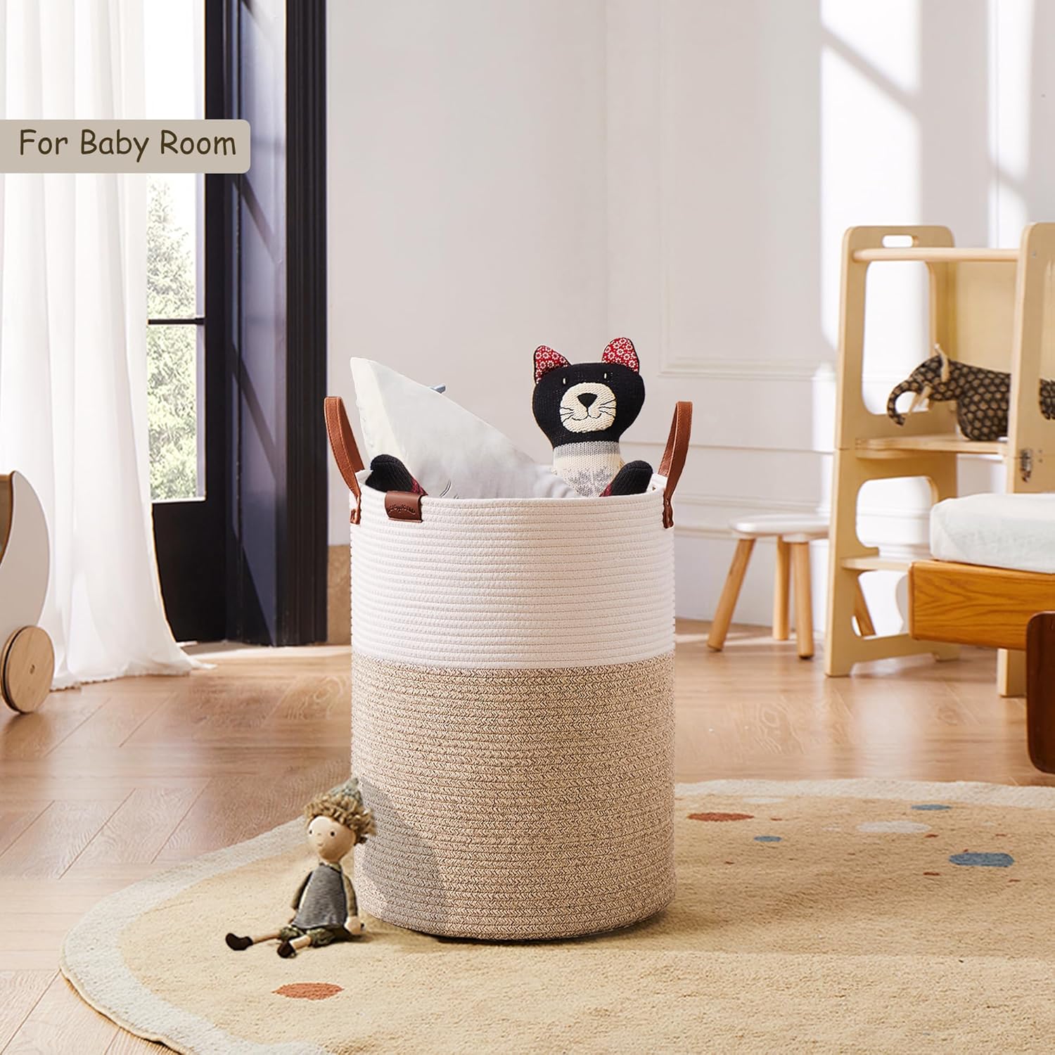 62L Jute and Brown Laundry Hamper Basket, Tall Woven Rope Hamper Basket for Clothes, Blanket, Baby Nursery Kids Laundry Basket