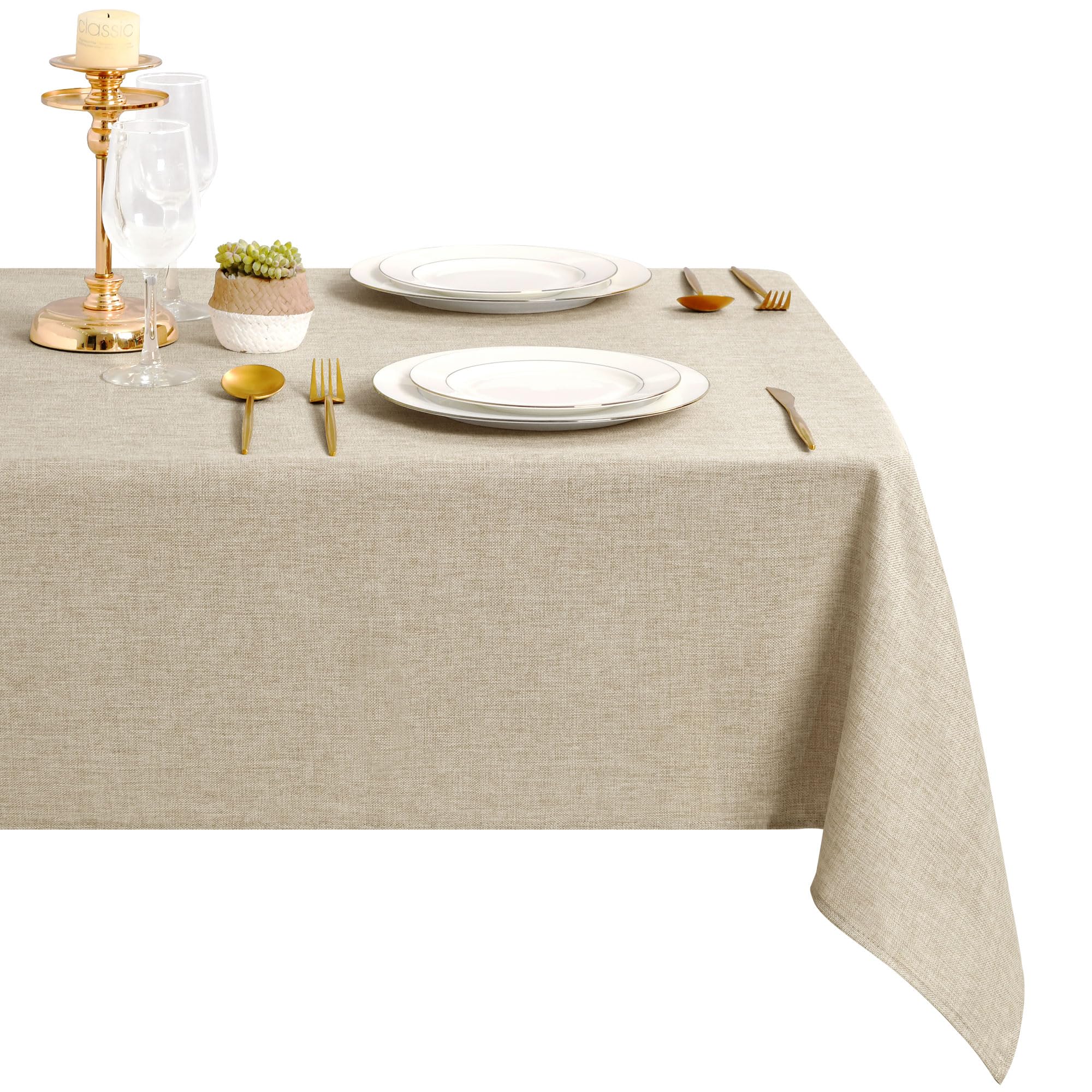 DWCN Leinen Beige Tischdecke 135x300cm Stoff Polyester Leinentuch Abwaschbar Outdoor Wetterfest Schmutzabweisend Wasserdicht Groß Rechteckig Tischtuch für Esszimmer Garten Party Hochzeiten Haushalt