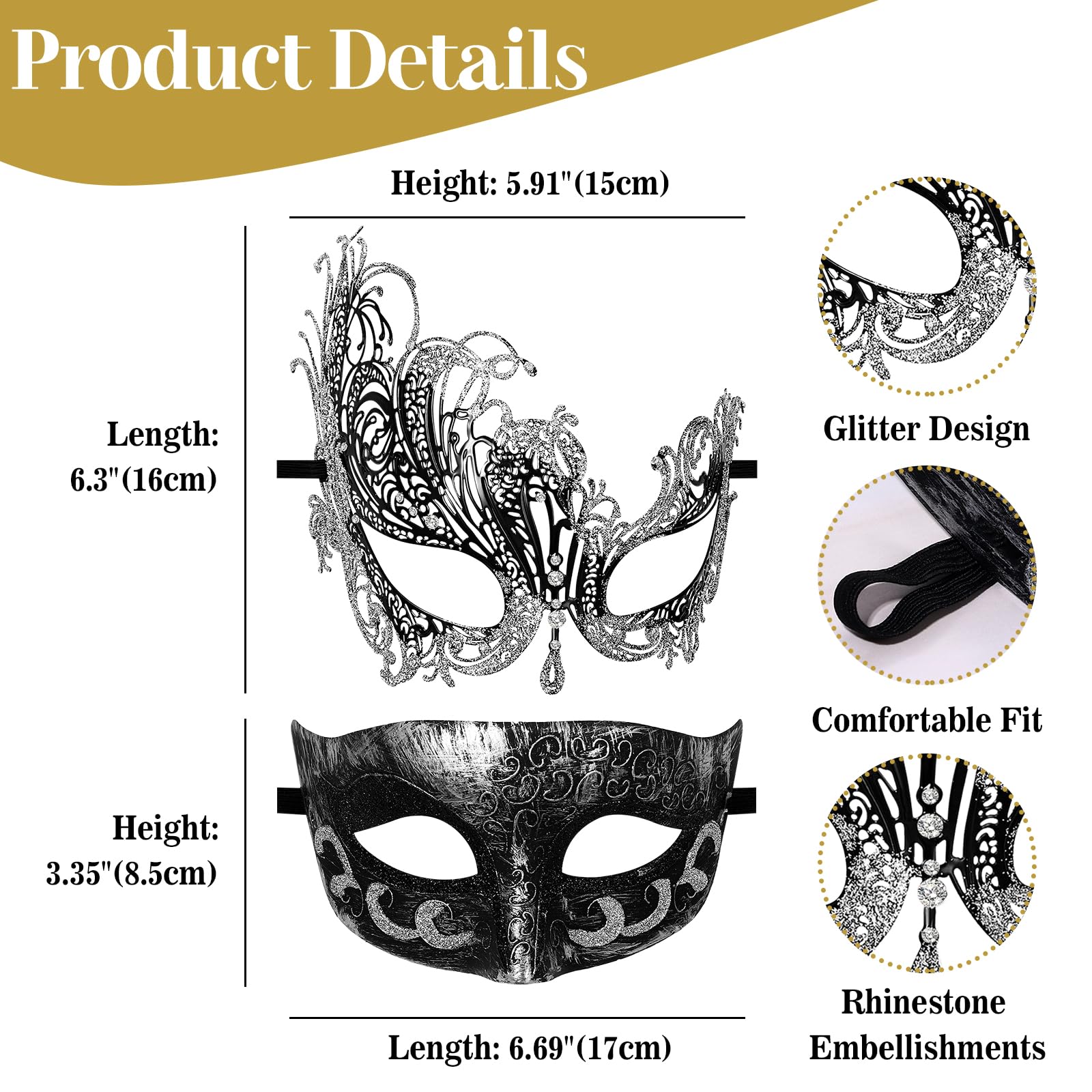 Flonge Masquerade Masks for Couples: Vintage Mardi Gras Venetian Party Mask Halloween Ball Prom Costume Accessory - Image 2