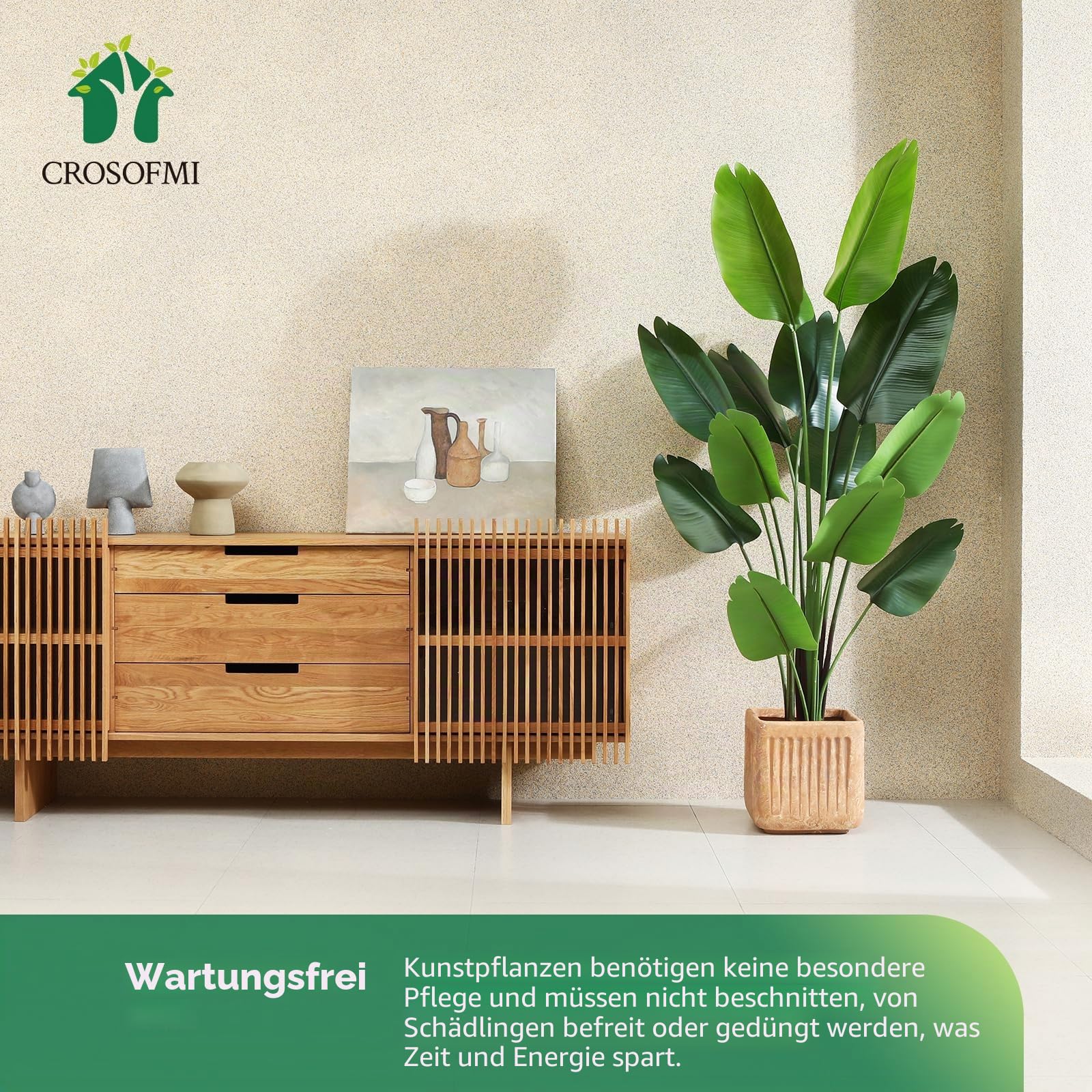 CROSOFMI Künstliche Paradiesvogel Pflanze 180cm künstliche Tropische Palme mit 13 Blättern perfekte künstliche Pflanzen im Topf für drinnen und draußen Haus Büro Garten Moderne Dekoration（1 Pack）