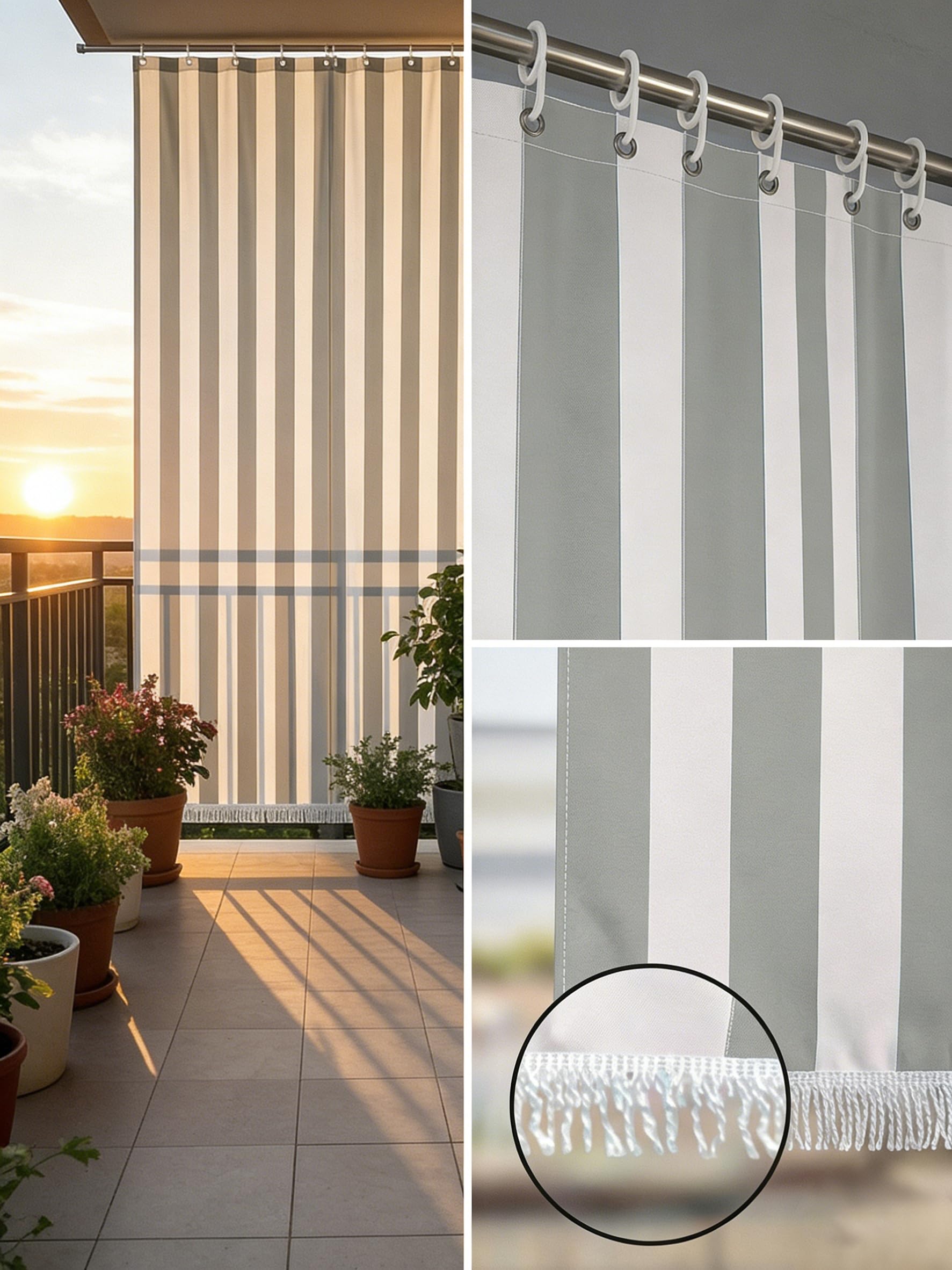 Rivers Rideau de soleil à rayures pour balcon et fenêtre extérieur, polyester léger, filtre la lumière solaire, différentes tailles de couleurs, avec franges et anneaux en plastique, 1 145 x 290 cm,