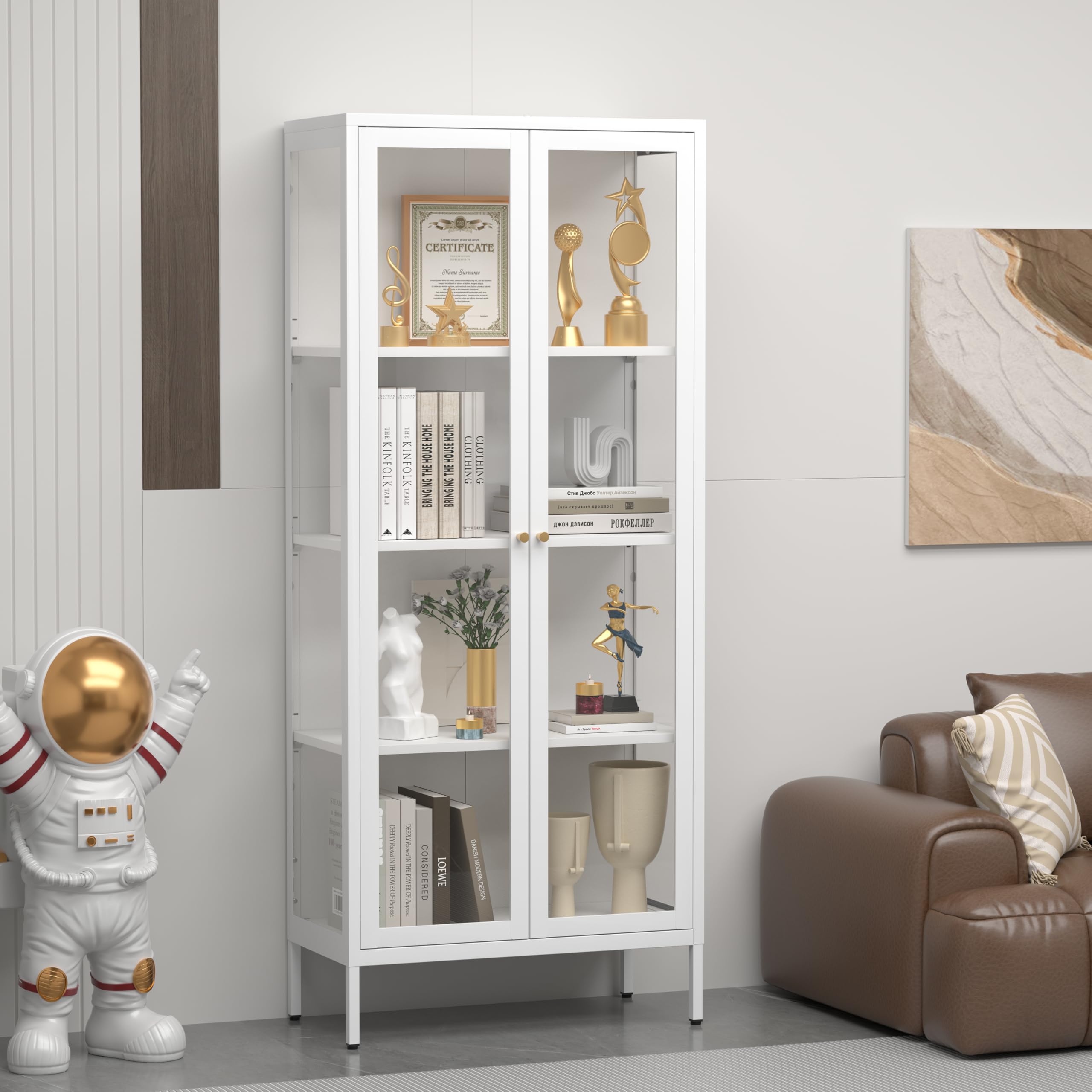 Vitrine mit Glastüren, 168x70x35cm Glasvitrine Stehend mit 3 höhenverstellbaren Fachböden, Vitrinenschrank Sammlervitrine Glasschrank für Wohnzimmer Schlafzimmer Wein Büro, Weiß