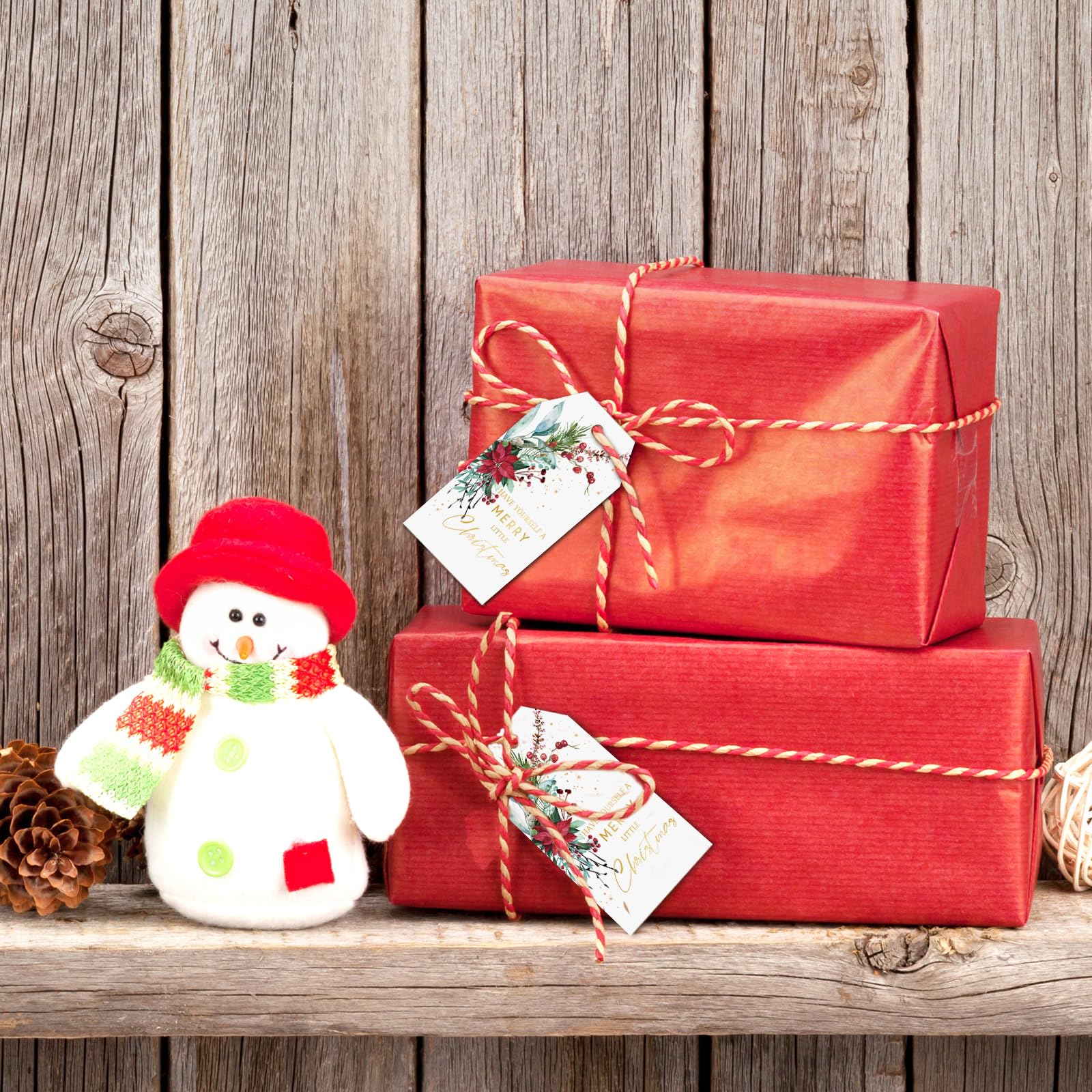 Whaline 100 Stück Weihnachtspapier-Geschenkanhänger mit Hanfseil, Weihnachtsstern, Papieranhänger, Goldfolie, Frohe Weihnachten, hängende Etiketten, vorgestanzt mit Löchern für Weihnachten, Winter,