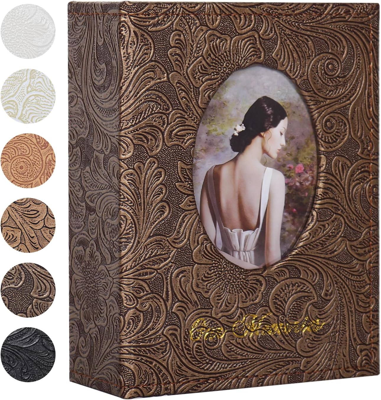 RECUTMS Photo Album 100 4x6 Pockets, Small Mini Capacity Retro Leather Photo Book with White Pages Hold 100 Vertical Photos for Family Wedding Baby (Bronze Brown)