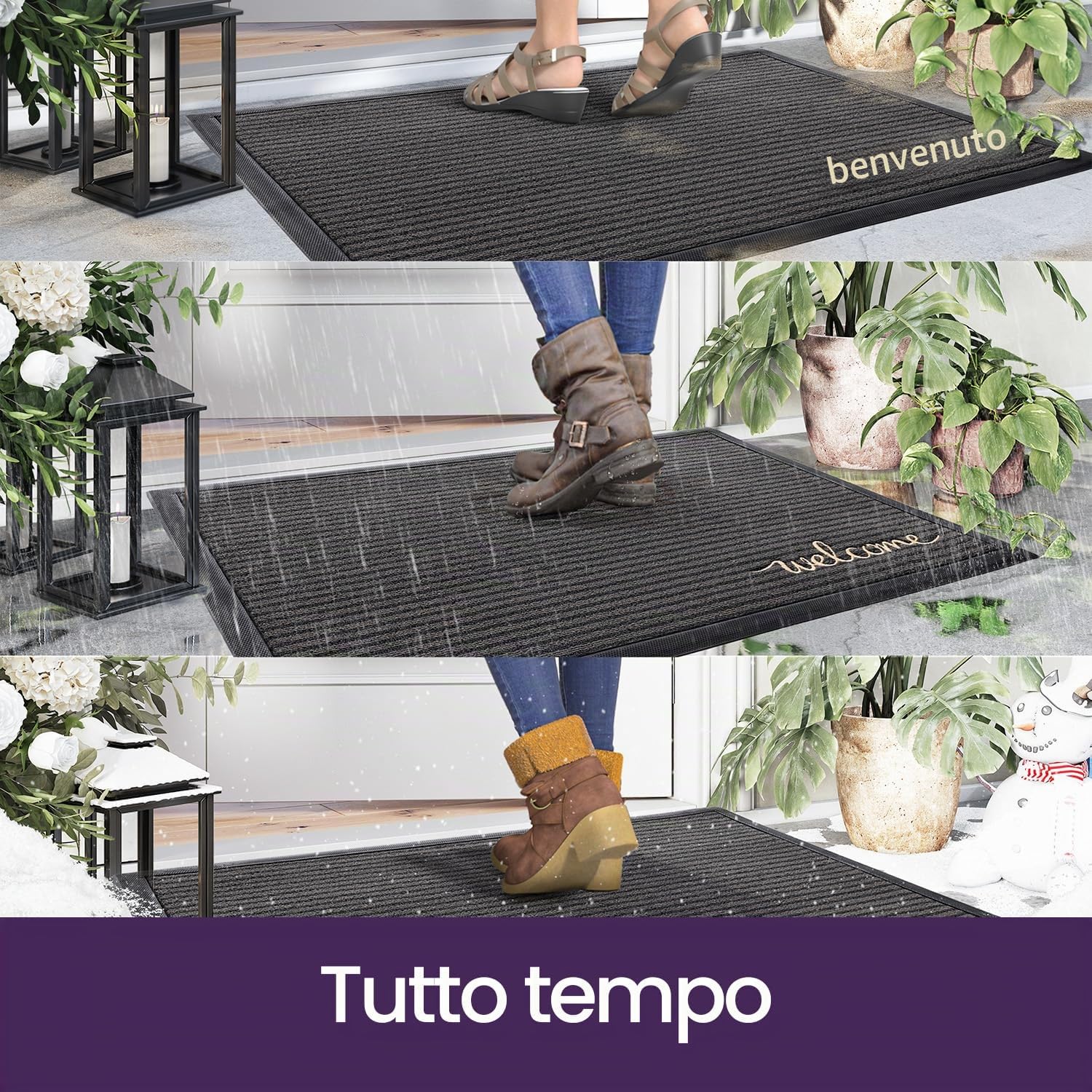 DEXI Zerbino Ingresso Esterno 80 x 120 cm, Tappeto per Porta Interno, Zerbini Antiscivolo Lavabile, Fondo in Gomma Impermeabile, Assorbente Tappeti per Corridoio, Balcone, Giardini, Grigio Benvenuto