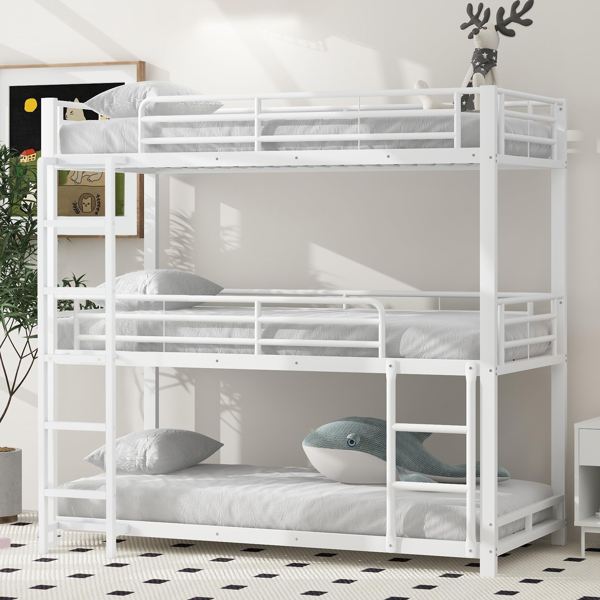 90 x 200 cm, struttura letto in metallo, letto a castello, letto a castello, letto a tre piani per bambini, ragazzi e adulti, nero (bianco)