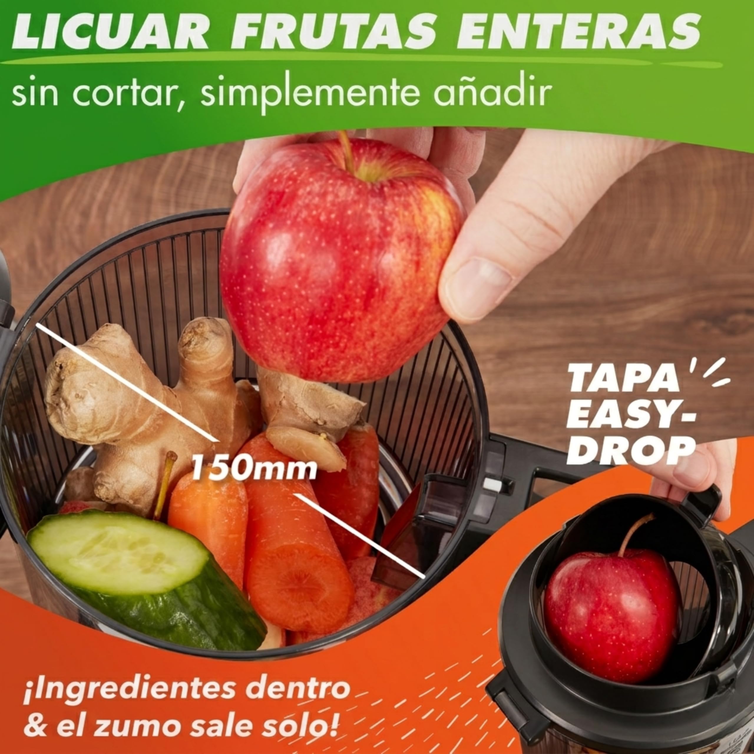 Nutrilovers Licuadora de Prensado en Frío NUTRI-PRESS MAX+, Extractor de Zumo para Frutas Enteras, Boca XXL de 150 mm, Sin BPA