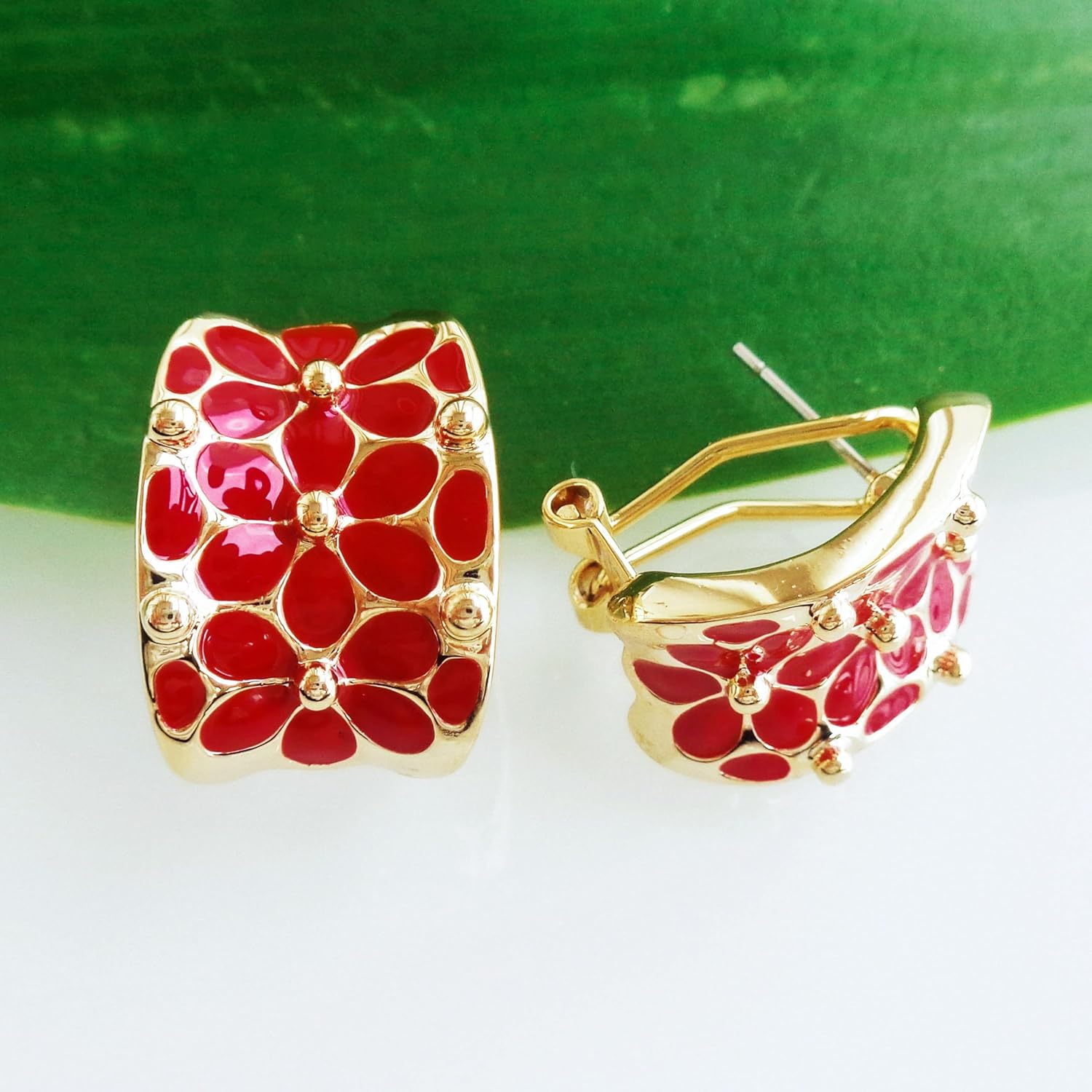 Navachi 18k Gold Plated Square Rainbow Colorful Enamel Leaves Flower Omega Back Earrings - Image 5