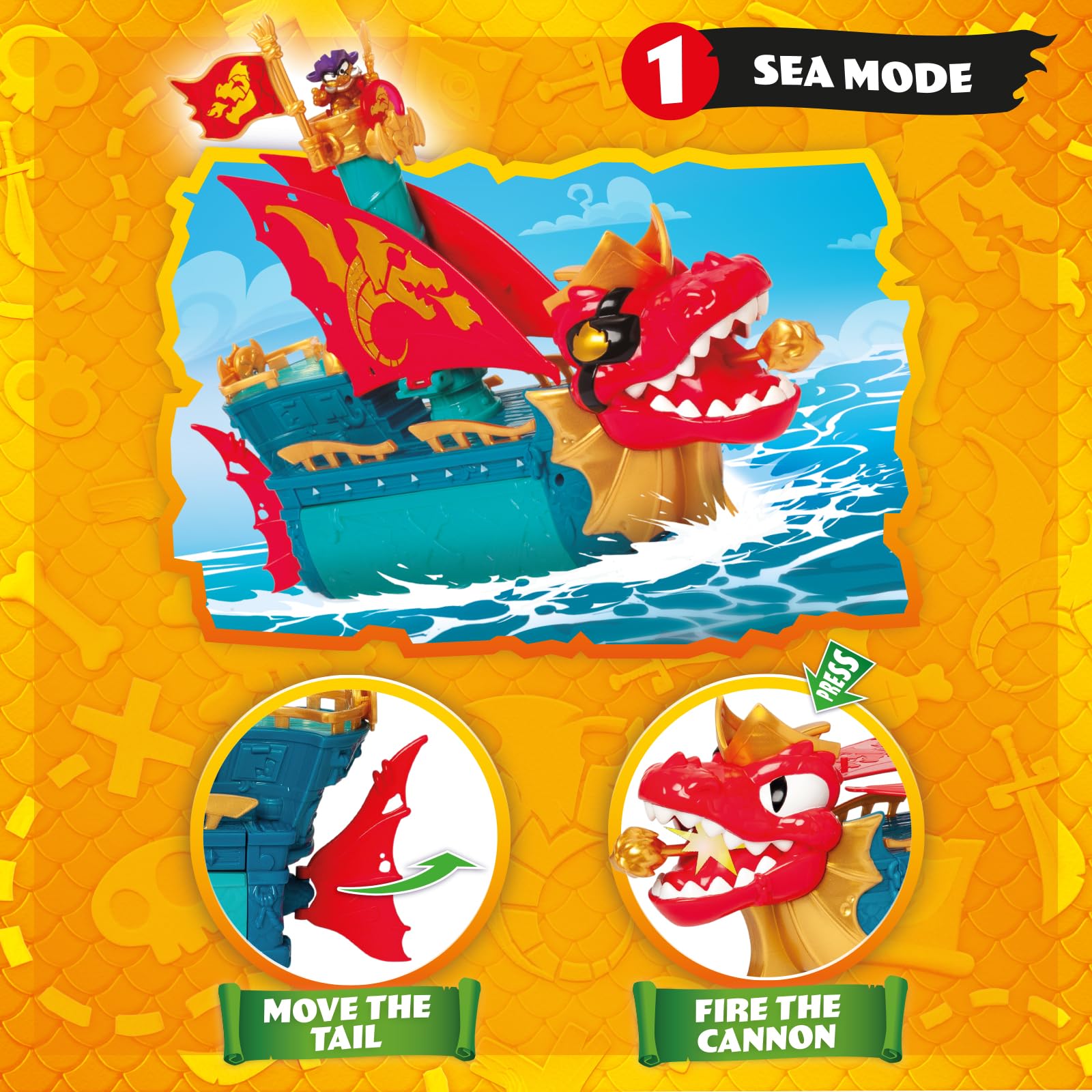 PIRATIX Dragon Ship – Piratix Dragon Nave All Terreno 3 in 1: Terra, Mare e Aria. Contiene 1 Nave Dragone, 1 Piratix Esclusivo, 1 Tesoro Esclusivo, 1 Bandiera e 1 proiettile
