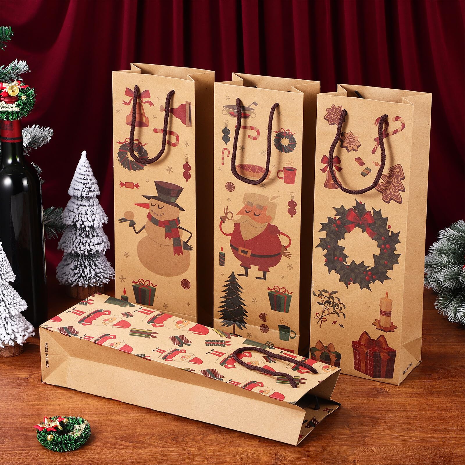 MOLUCKFU 12 Pezzi Sacchetti Regalo Bottiglie Vino Natale in Kraft Resistente e Riutilizzabile Borse Porta Vino Decorativi per Feste e Regali Natalizi