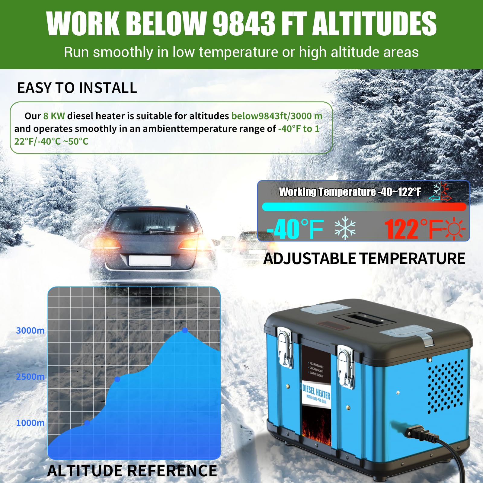 Riscaldatore d'Aria Diesel Tutto in Uno 8 kw 12v, Riscaldatore da Parcheggio Portatile con Controllo App Bluetooth, silenziatore, LCD e Telecomando, per Camper,Campeggio,Camion(Blu)