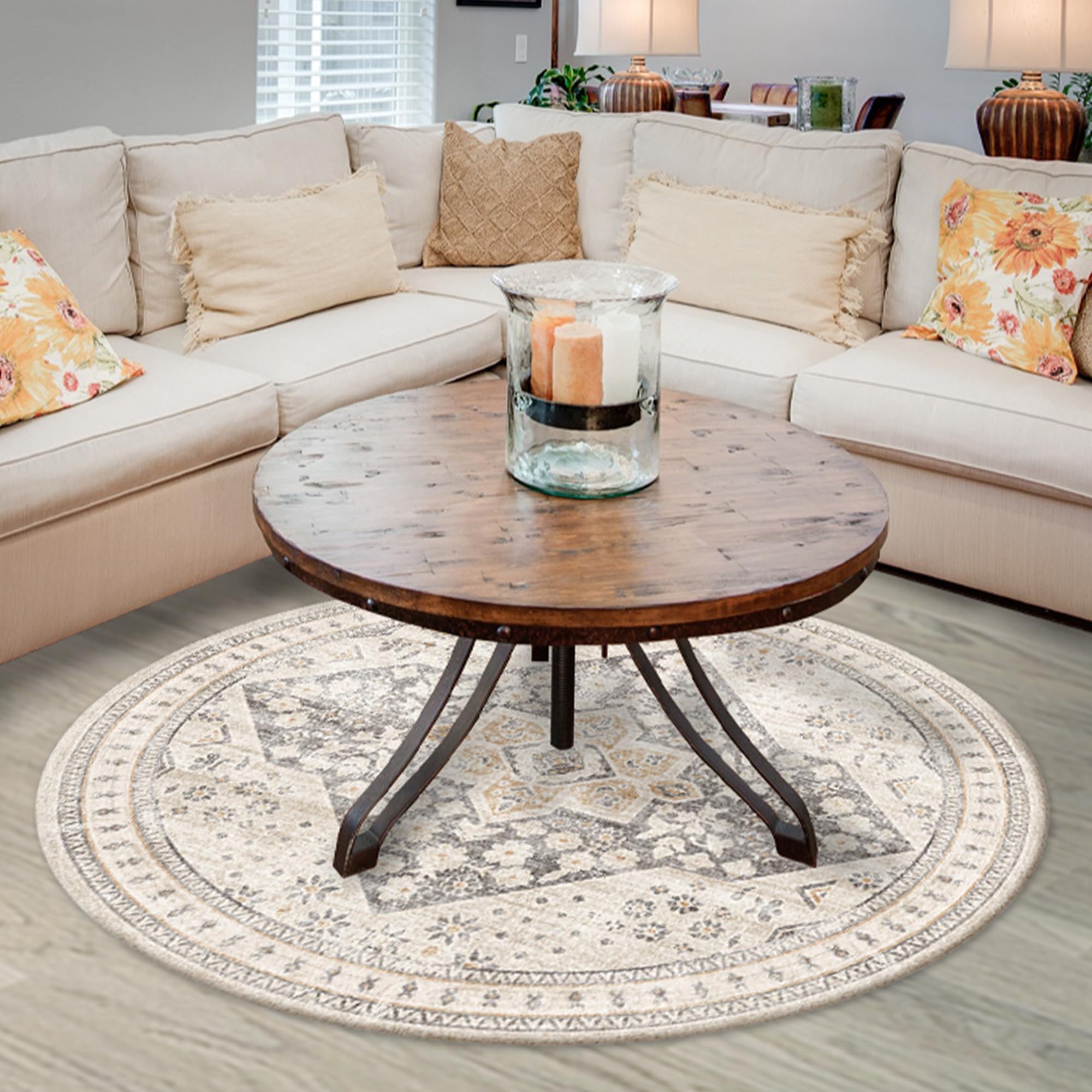 Fortsea Round 6ft Washable Area Rug, Multi Circle 6x6 Chenille Accent Rug, Kitchen Living Room Bedroom Dining Room, 6ft Large Round Rug (Cream Beige