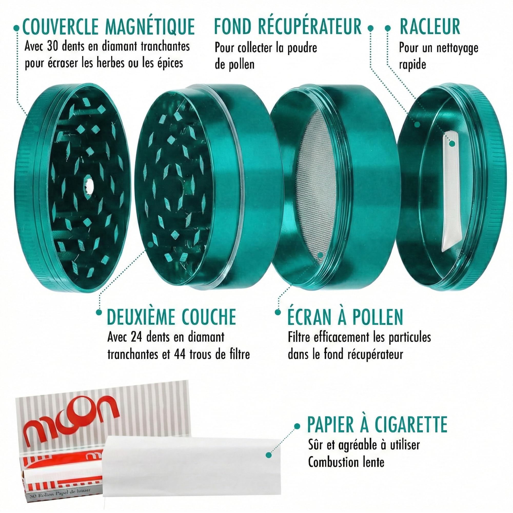 Grinder - Grinder Herbe/Epices [ Marque Française] Effriteuse - Broyeur Grain - Moulin à Èpices - 50x40mm - Compact & Résistant en Alliage de Zinc (VERT)