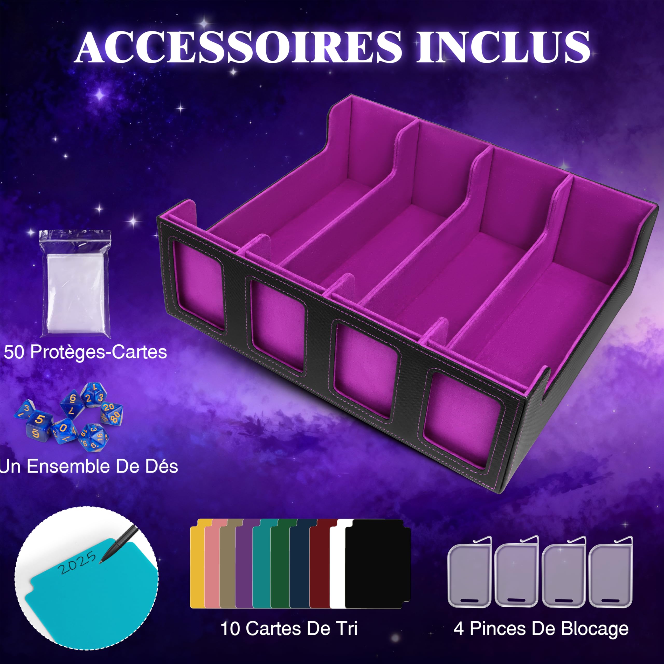 Charmofun Boîte Rangement Carte, Boîte à Cartes pour Plus de 2400+ Cartes Avec 10 Séparateurs, 4 Blocage et Plateau à Dés, Boîte à Rabat Magnétique Avec Cuir Pu et Poignée (Violet, 2400+)