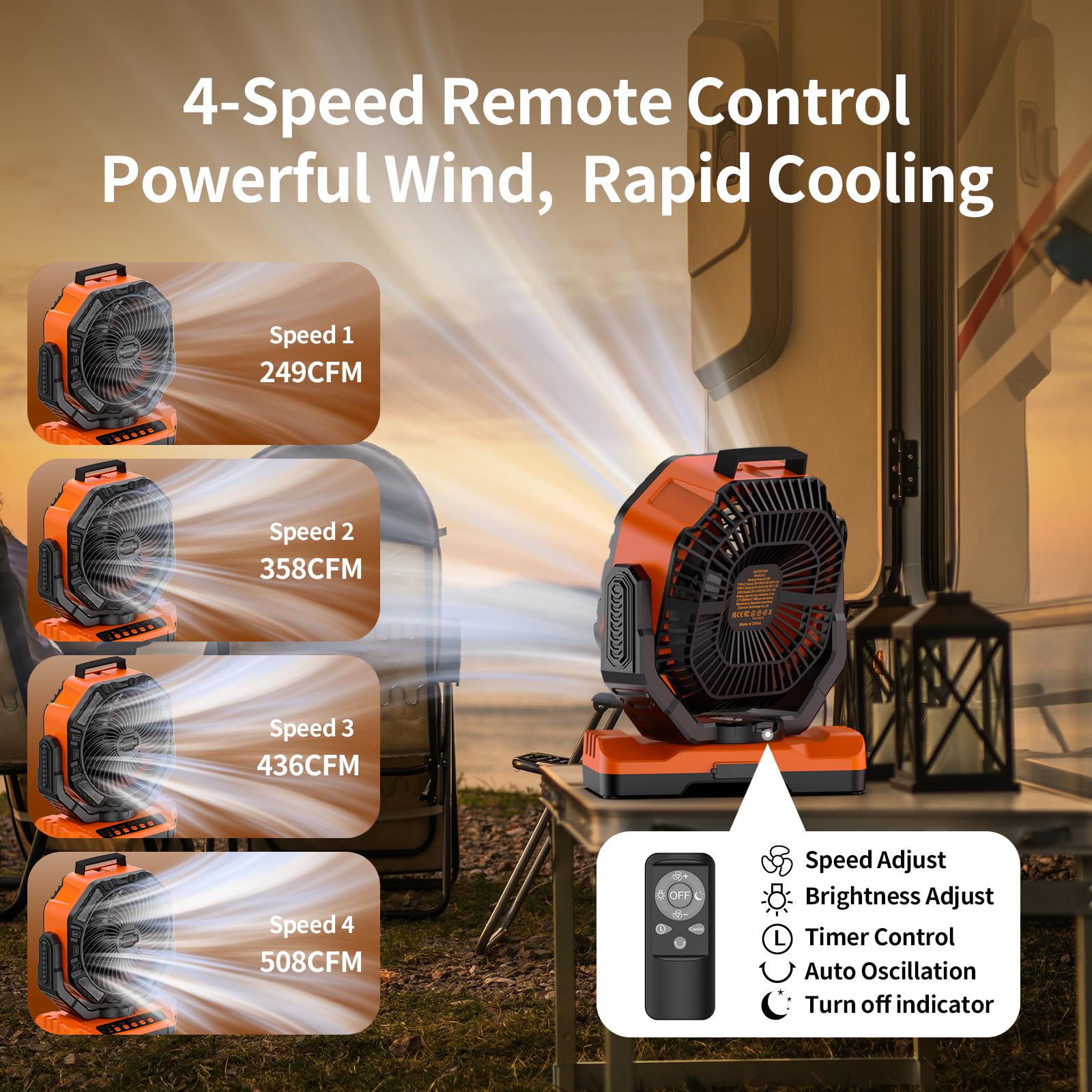 Socool - Ventilador de camping recargable con luz, ventilador de 40000 mAh funciona con batería con control remoto, 112 horas y 9 velocidades inalámbrico oscilante automático con temporizador para