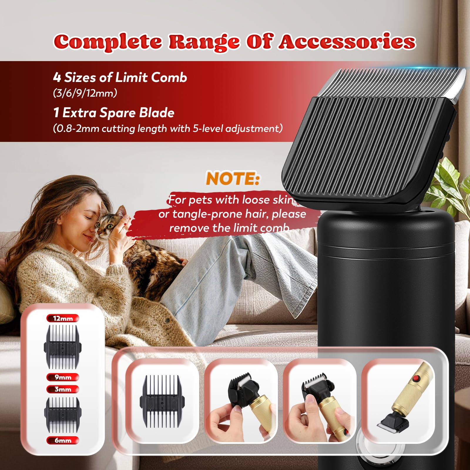 Moongiantgo 300W Cortapelos para Perros Profesional, 2000-6000RPM Control de Velocidad, Cuchillas de Cerámica Desmontables, Maquina Pelar Perros con Extra 1 Cuchillo & 2 Peines (Negro)