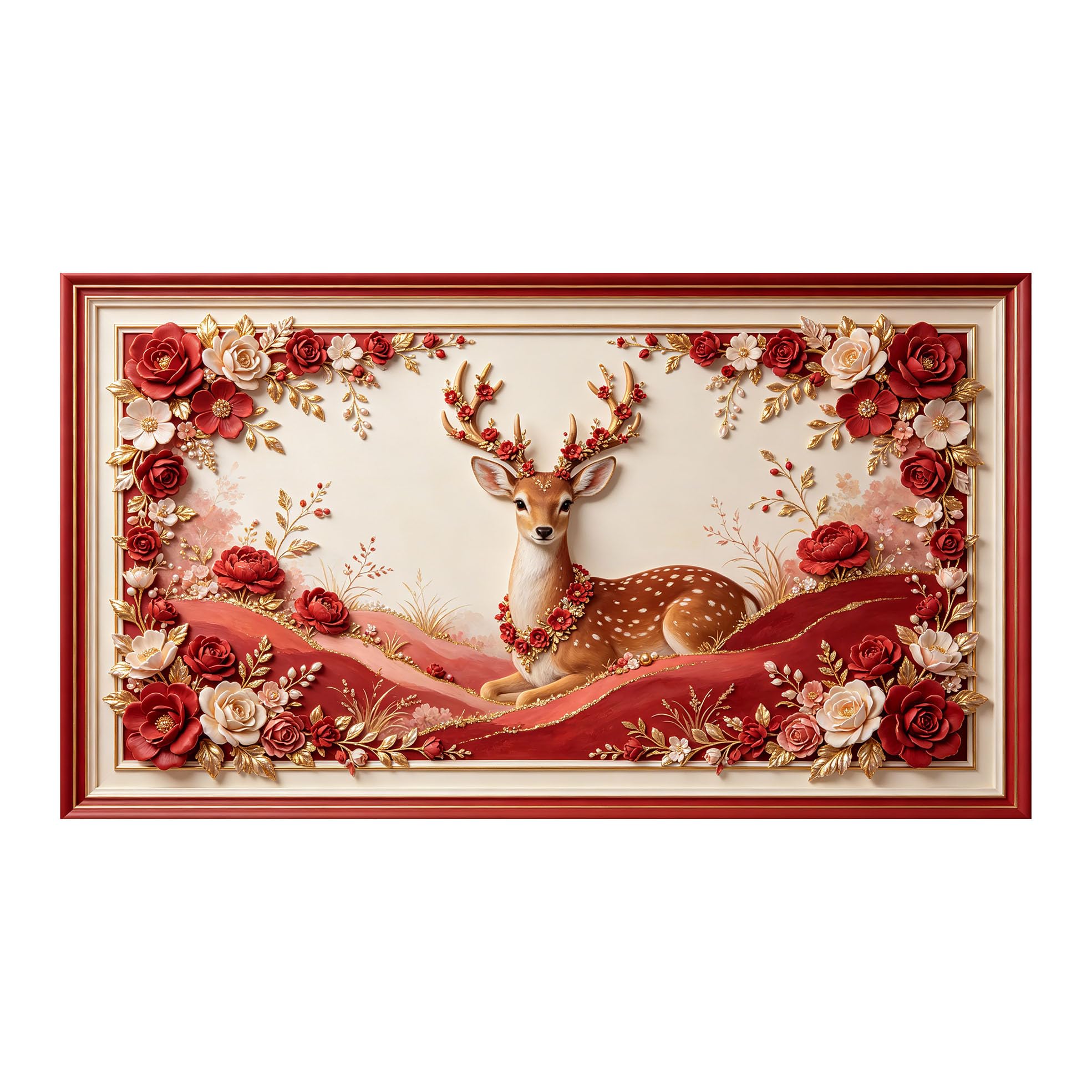 Yzpallescene 3D 3D Framed Wall Art 50cm×90cm Floral Deer Landscape European Classic Relief Effect Large Size SelfAdhesive Removable Wall Decor Prints Artwork for Living Room Bedroom Office