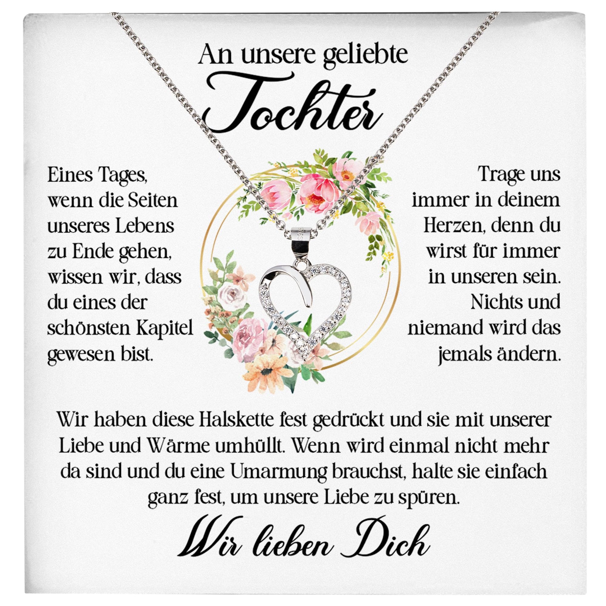 Tochter Geschenke: Echt Silber 925/000 Damen Colliers mit 23 Zirkonia Steinen - Frauen und Mädchen Herz Halsketten mit Botschaftskarten Made In Germany