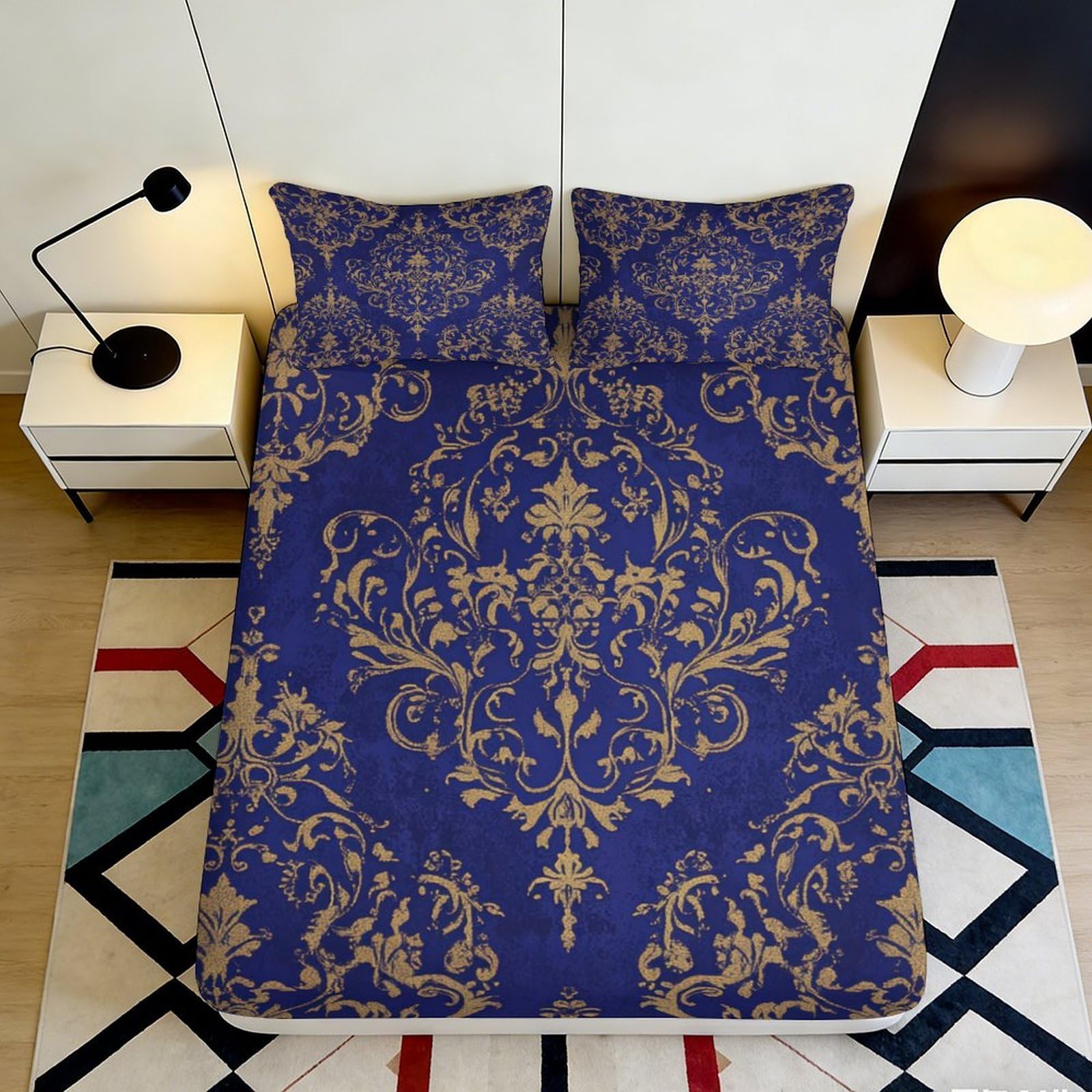 Jqzkxnhpbr Style-8 3D Printed Royal Blue Baroque Fitted Sheet Microfiber Soft Ornate Gold Pattern Mattress Cover For Bedroom Dorm Decor 90X200x25cm