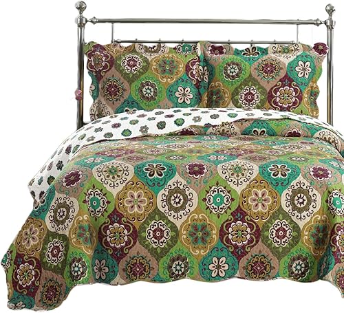 Miniatura 9 de Juego de colcha de 7 piezas, tamaño matrimonial, microfibra acolchada sin arrugas con estampado Brea, incluye juego de 3 cubrecamas y juego de