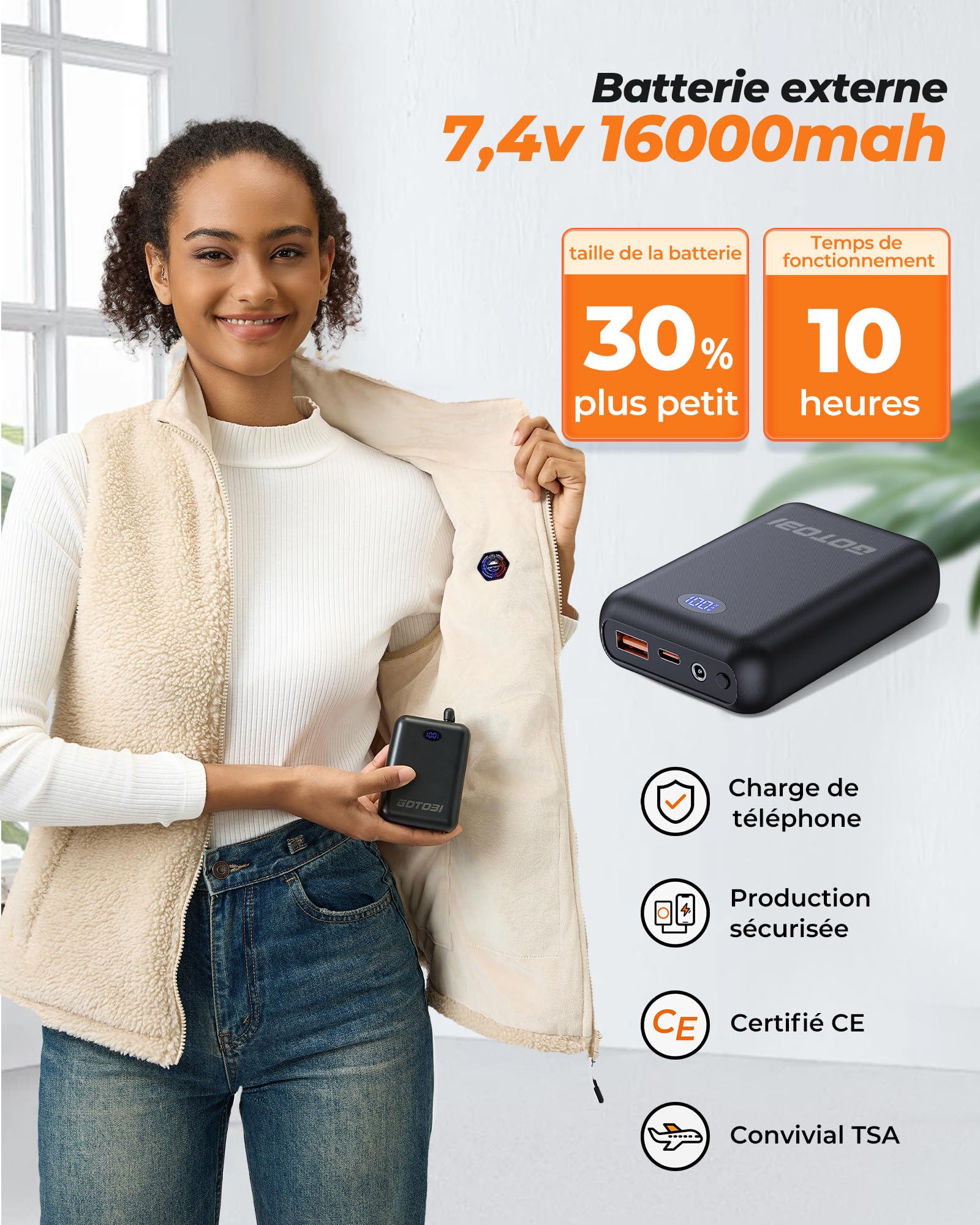 Polaire Gilet Chauffant Femme Avec Batterie 16000mAh 7,4V Incluse, 9 Zones, 3 Températures Réglables
