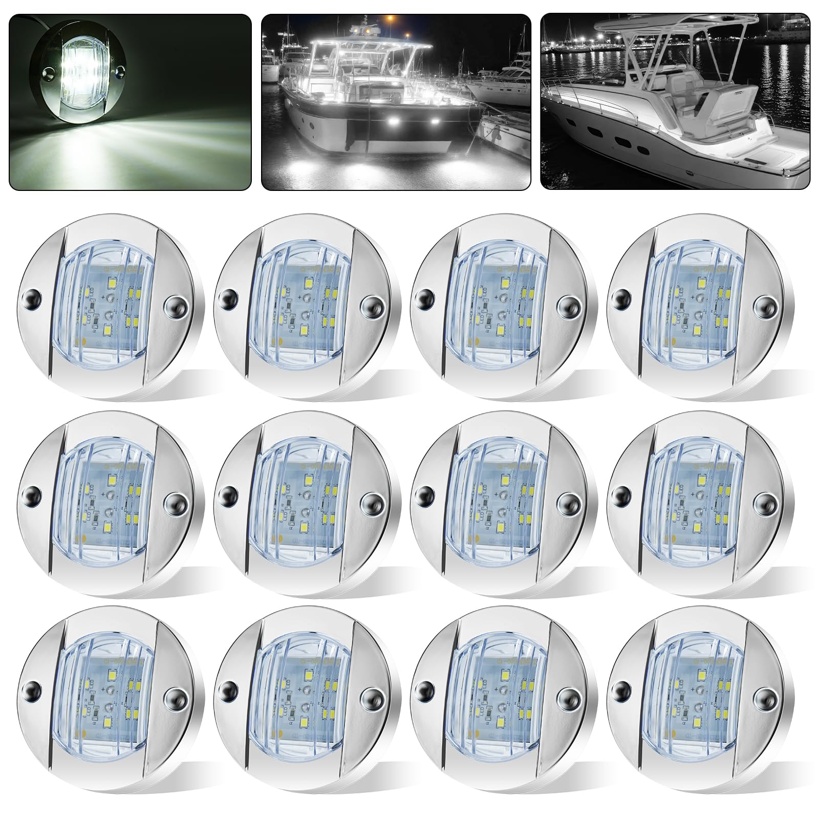 PSDRIQQ 12Pack DC12V 3" Round Marine Boat LED Navigation Lights Stern Anchor Transom Deck Courtesy Light Interior Lamp Waterproof for Pontoon Kayak