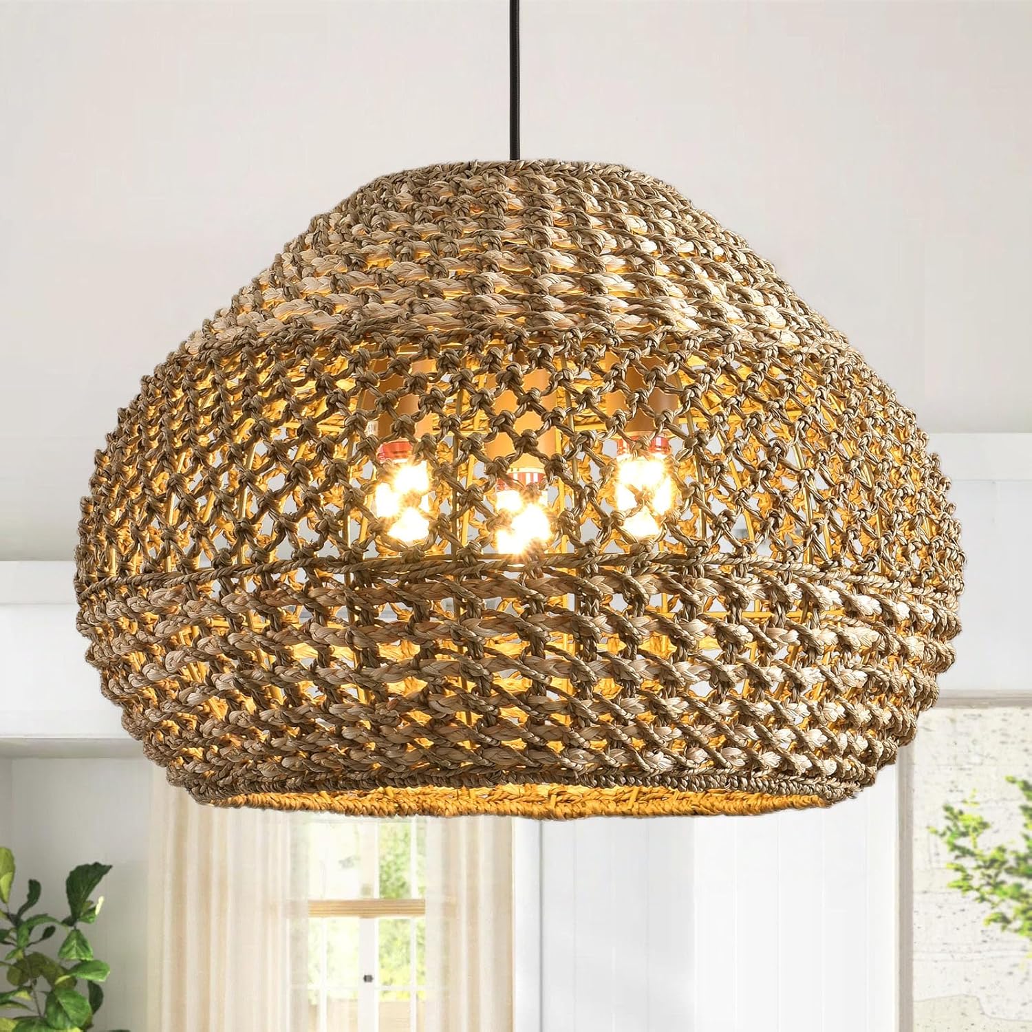 19.29” Large Rattan Pendant Light,3-Light Wicker Chandelier Light Fixture,Boho Kitchen Island Hanging Seagrass Rustic Lighting for Dining Room, Farmhouse,Foyer 19.29” Oval Rattan 19.29 inch