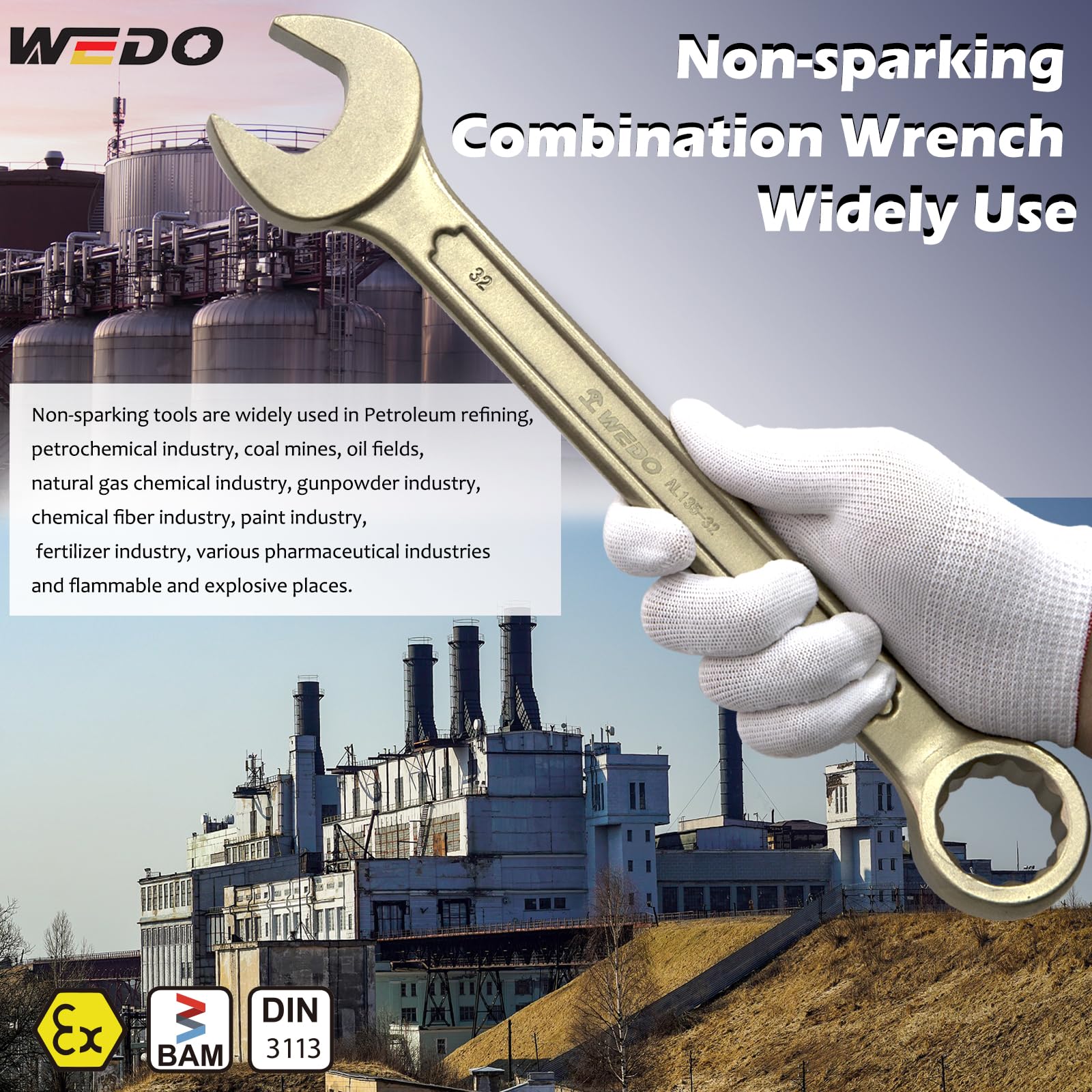 WEDO Nieiskrzący klucz płasko-oczkowy 32 mm, metryczny, długość 340 mm, 12-punktowy bez iskier, klucz offsetowy 15-stopniowy, brąz aluminiowy, odporność na korozję, certyfikat DIN 3113, BAM i FM