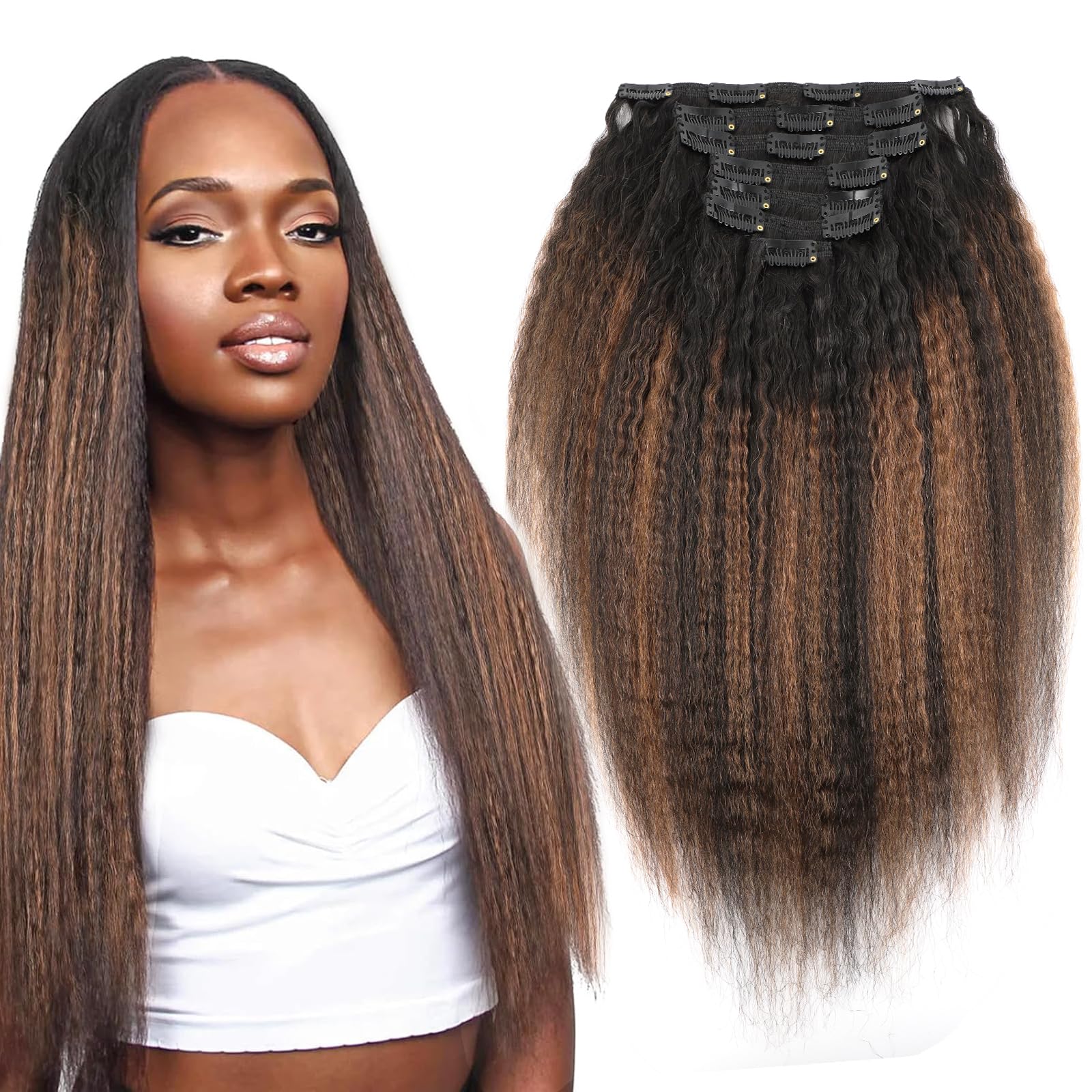 Lovrio Kinky Straight Clip in Human Hair Extensions for Black Women Rooted Black Fading to Natural Black With Light Auburn Full Head 18in Brazilian