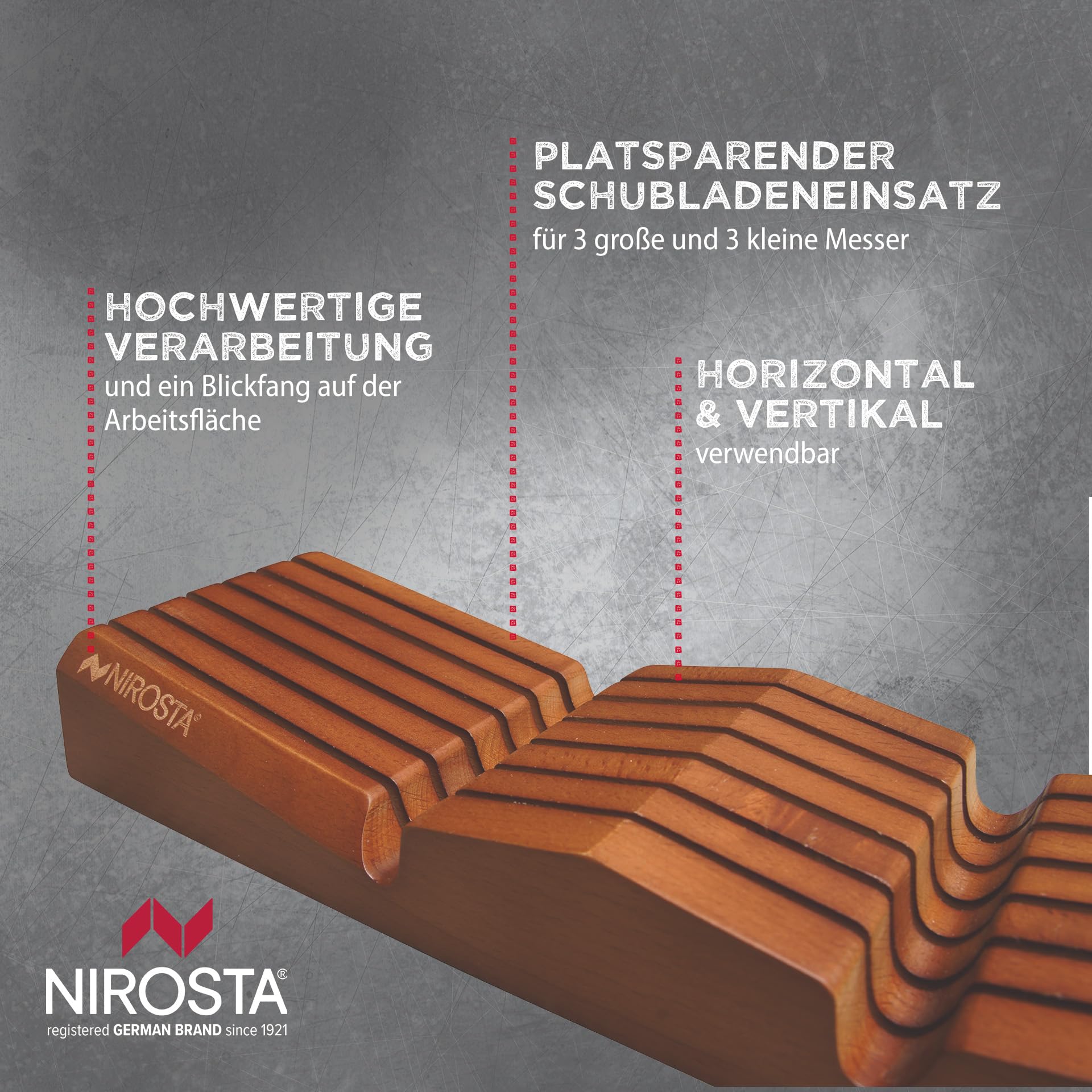 Nirosta Inserto per cassetto per coltelli in legno di faggio sostenibile – Inserto per coltello vuoto per cassetto con spazio per 6 coltelli, protegge le lame dei tuoi coltelli da cucina