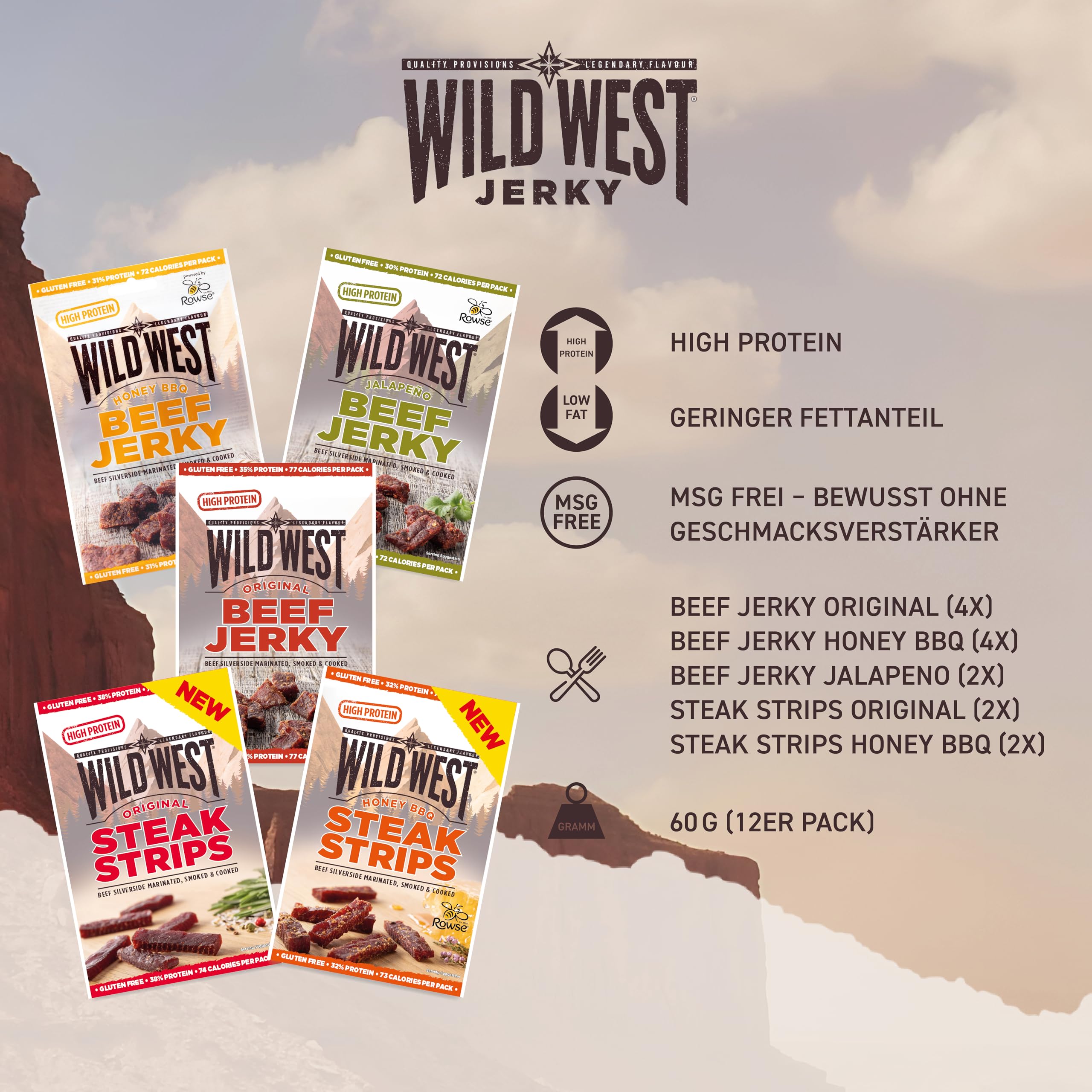 Wild West Beef Jerky, Mix Box 60g, 12er Pack mit 4x Original, 4x Honey BBQ, 4x Jalapeno, Rinderdörrfleisch, Beef Jerky high Protein Trockenfleisch, Protein Snack