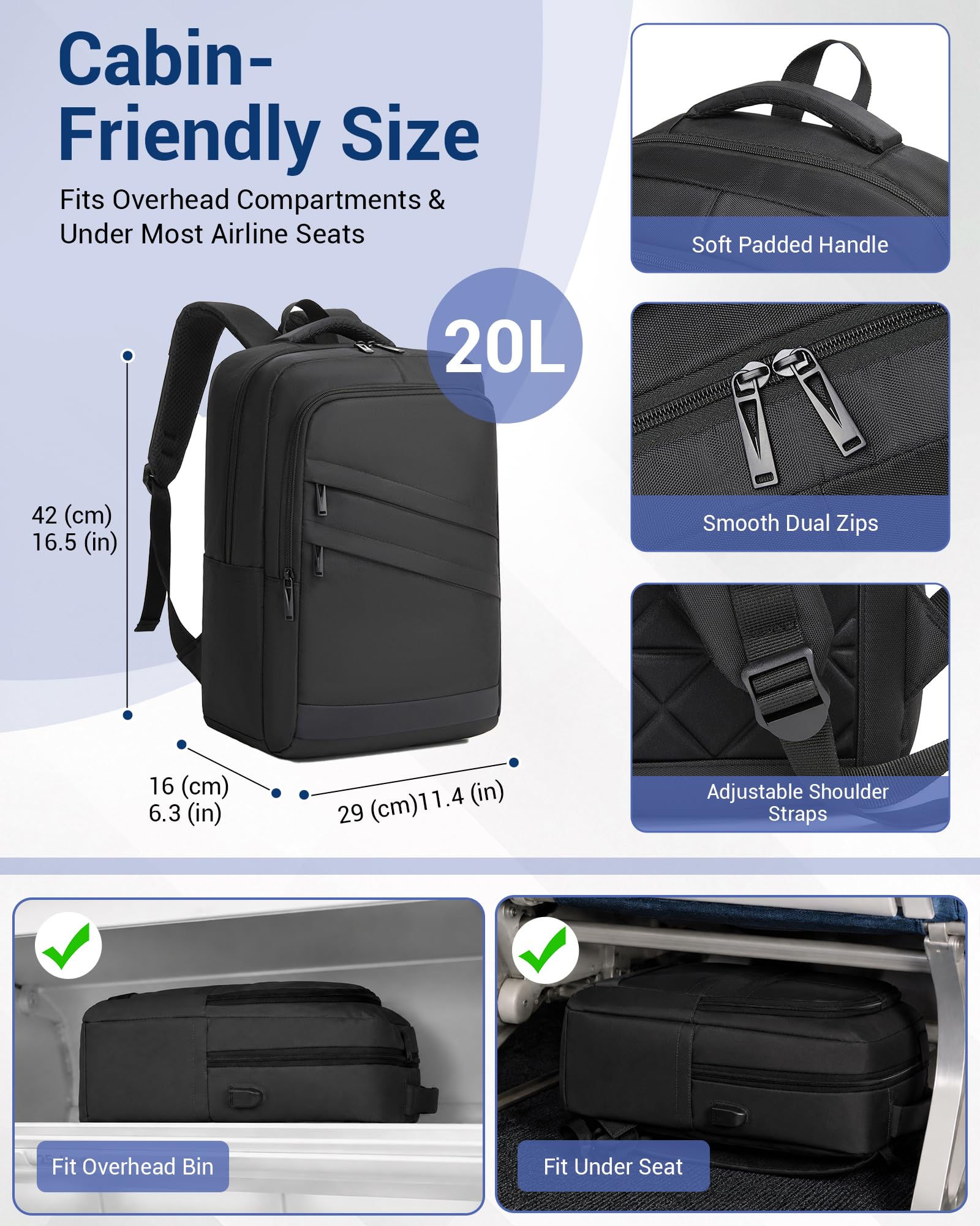 Sac à Dos Ordinateur 15,6 Pouces Homme Femme, Léger avec Port USB, Sac a Dos de Travail pour Voyage, Bureau, Université, Quotidien (Noir)