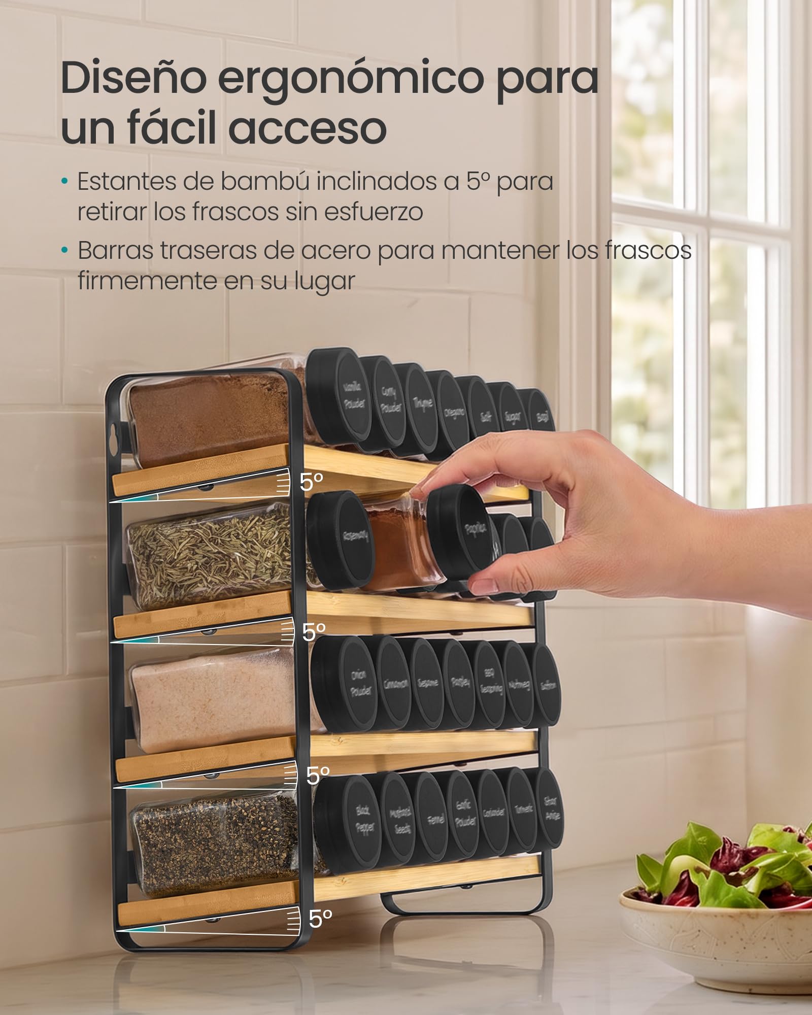 SONGMICS Especiero, Organizador de Especias de Bambú y Acero, Estante con 28 Botes de Cristal, 35 x 9 x 26 cm, Negro y Natural, para Pared y Encimera de Cocina Colección Bystro KCS064B101