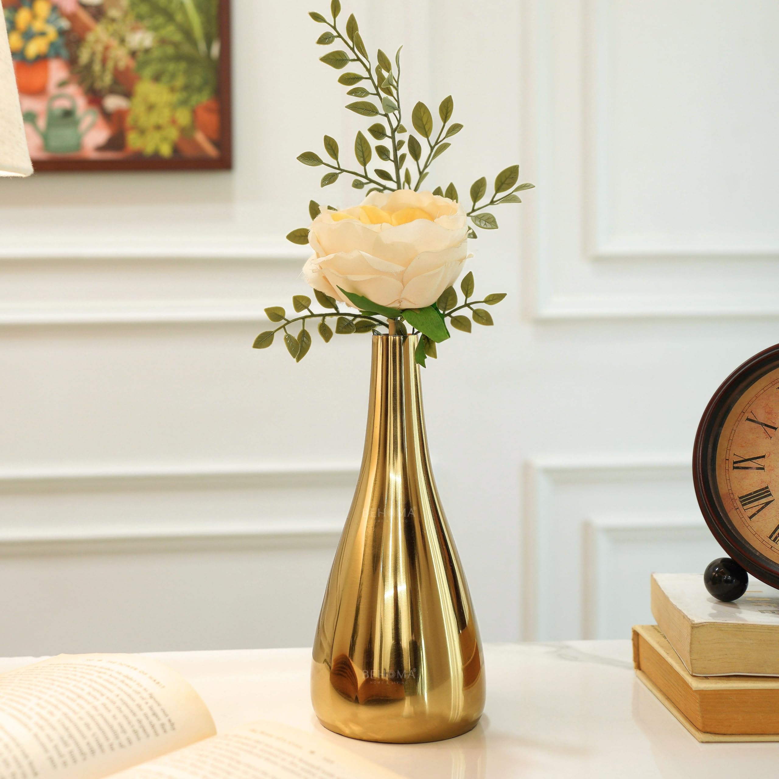 BEHOMA Luxury Home Décor Combo Gift Set | Metal Scented Candle Set of 2 with Golden Decorative Flower Vase | Premium Table Décor for Living Room | Housewarming, Wedding & Festive Gift Set 2