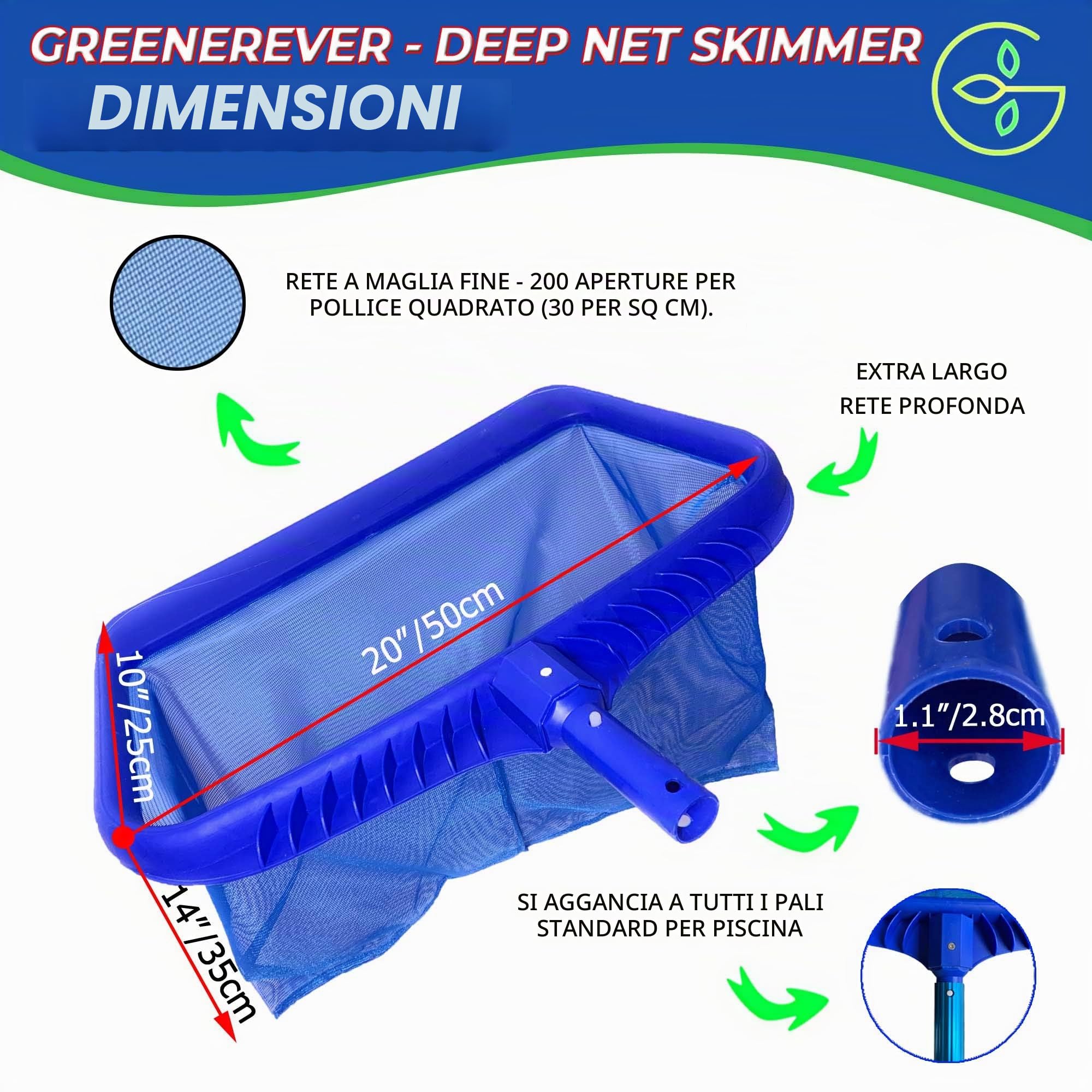 Pool Skimmer Net 20" (50cm) Deep Bag |Heavy Duty Professional Leaf Cleaning Rake |Plastic Framed Fine Mesh Net |Easily Removes Leaves, Debris from Pools, Hot Tubs, Ponds And Fountains