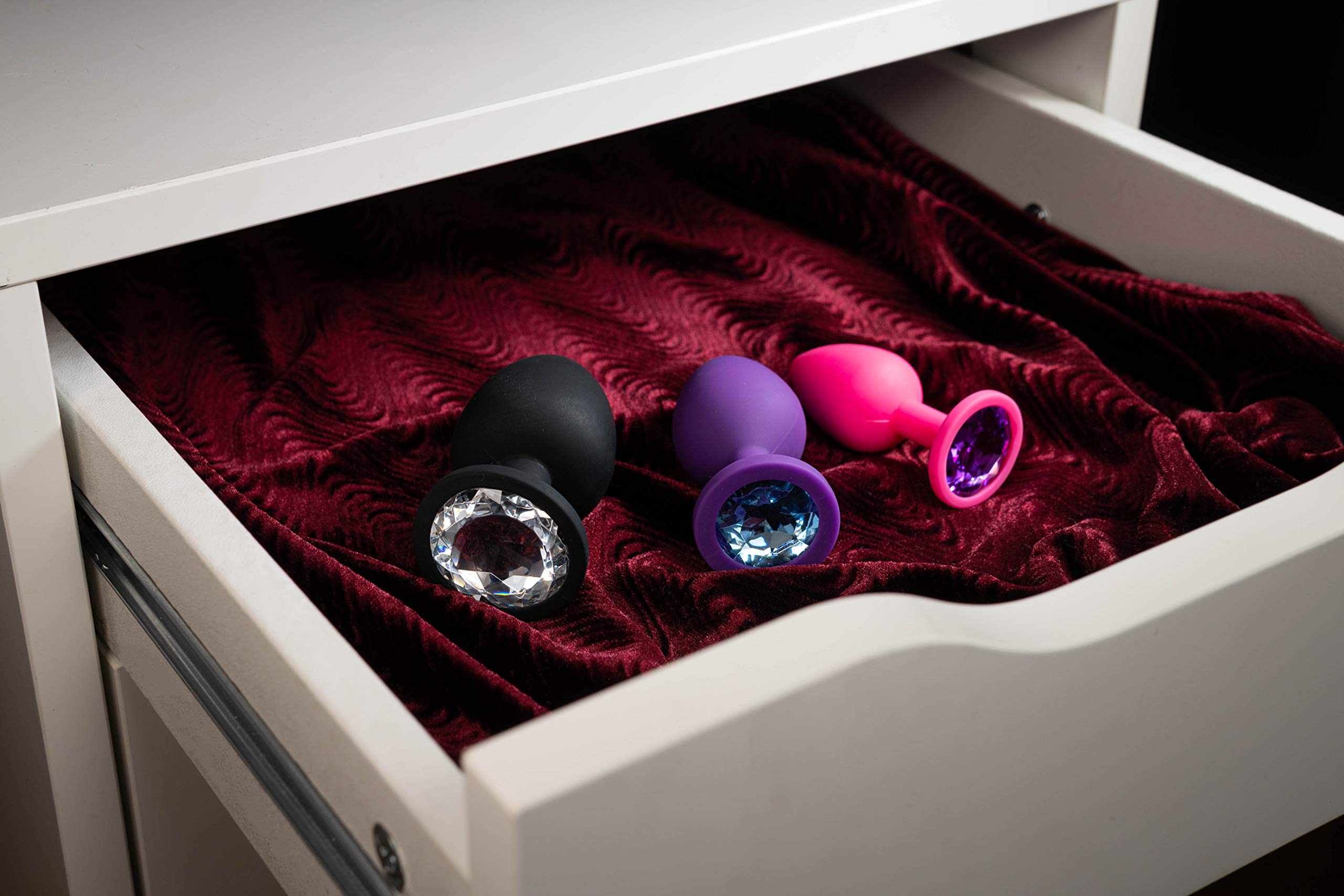 3x Butt Plug Anale Silicone Spina Anale Set Ø 30 mm, Ø 35 mm, Ø 45 mm, da Donna o Uomo, S + M + L Rosa + Porpora + Nero