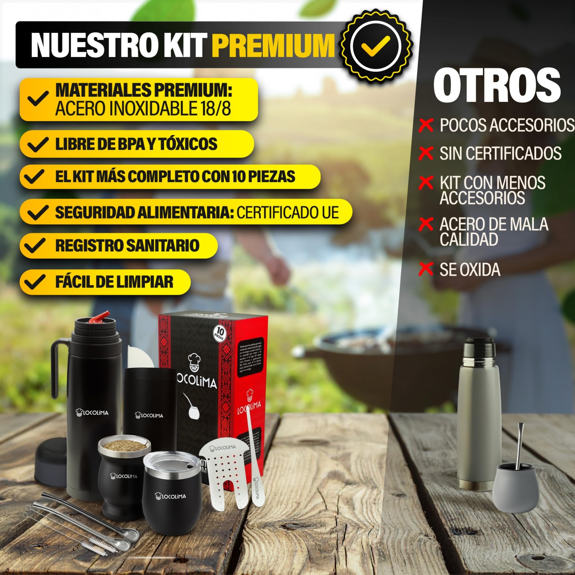 Kit Mate Argentino Premium 10 Piezas, Termo Mate 1L Doble Pared de Acero Inoxidable, 2 Vasos (250ml y 350ml con tapa) Bombillas, Porta Yerba, Separador Yerba y Prensa el Autentico Set de Mate