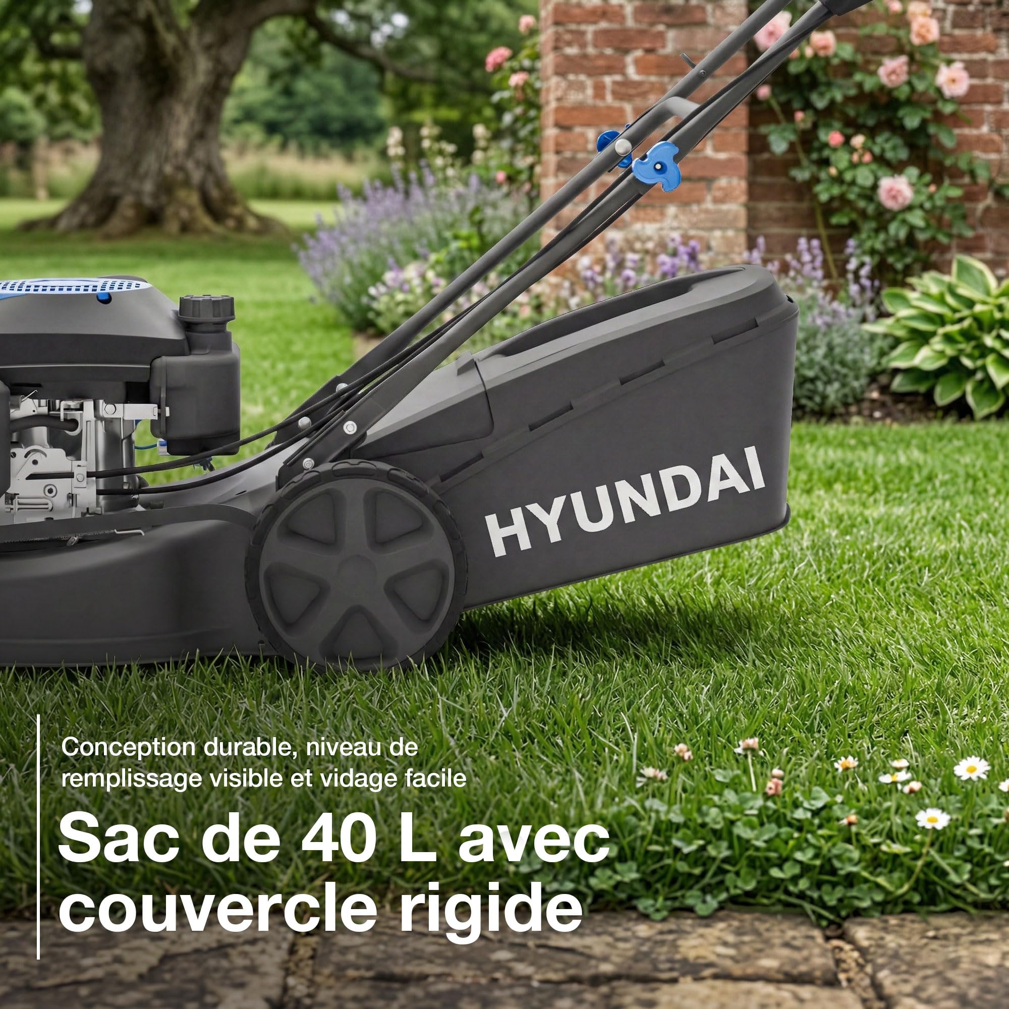 Hyundai Tondeuse à Gazon Thermique Autotractée 43 cm Moteur 139 cm3 3,7 CV 4 Temps Coupe 4-en-1 Mulching Carter Acier