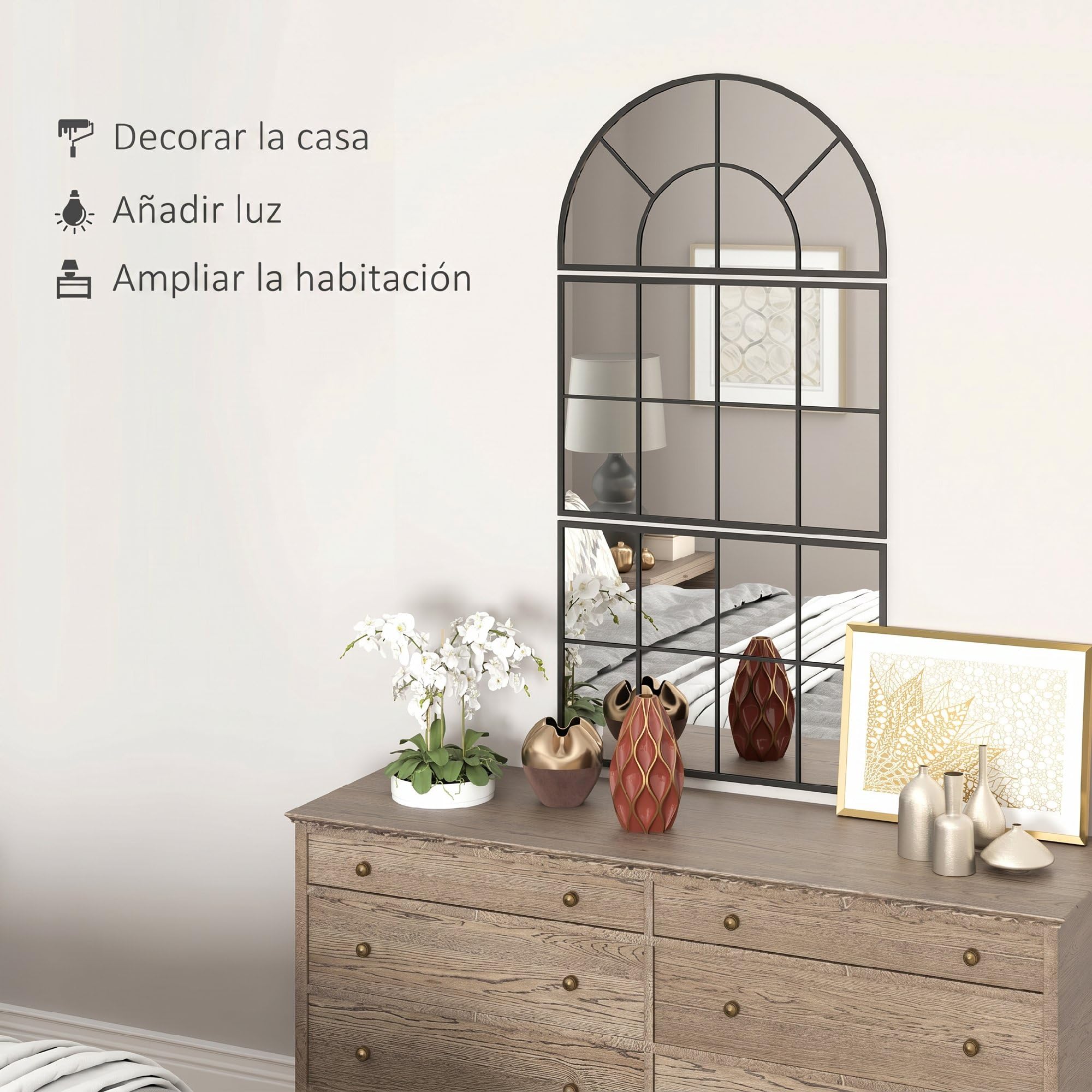 HOMCOM Espejo de Pared, 76x149 cm, 3 Piezas, Espejo de Recibidor con Marco de Metal en Forma de Ventana, Decoración para Salón, Dormitorio, Entrada, Negro