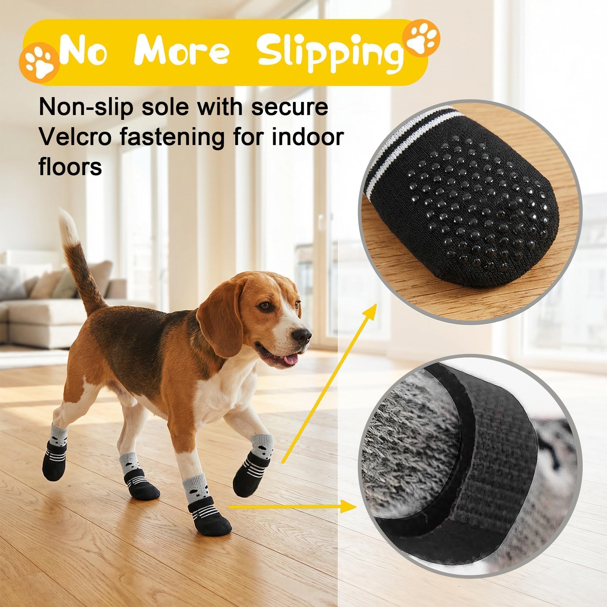 Chaussettes pour Chien Taille M, Chaussons Antidérapants avec Velcro Réglable, Protection des Pattes pour Chien, pour Petit Chien de 4 à 6 kg, Intérieur et Courtes Sorties, Noir, Lot de 4
