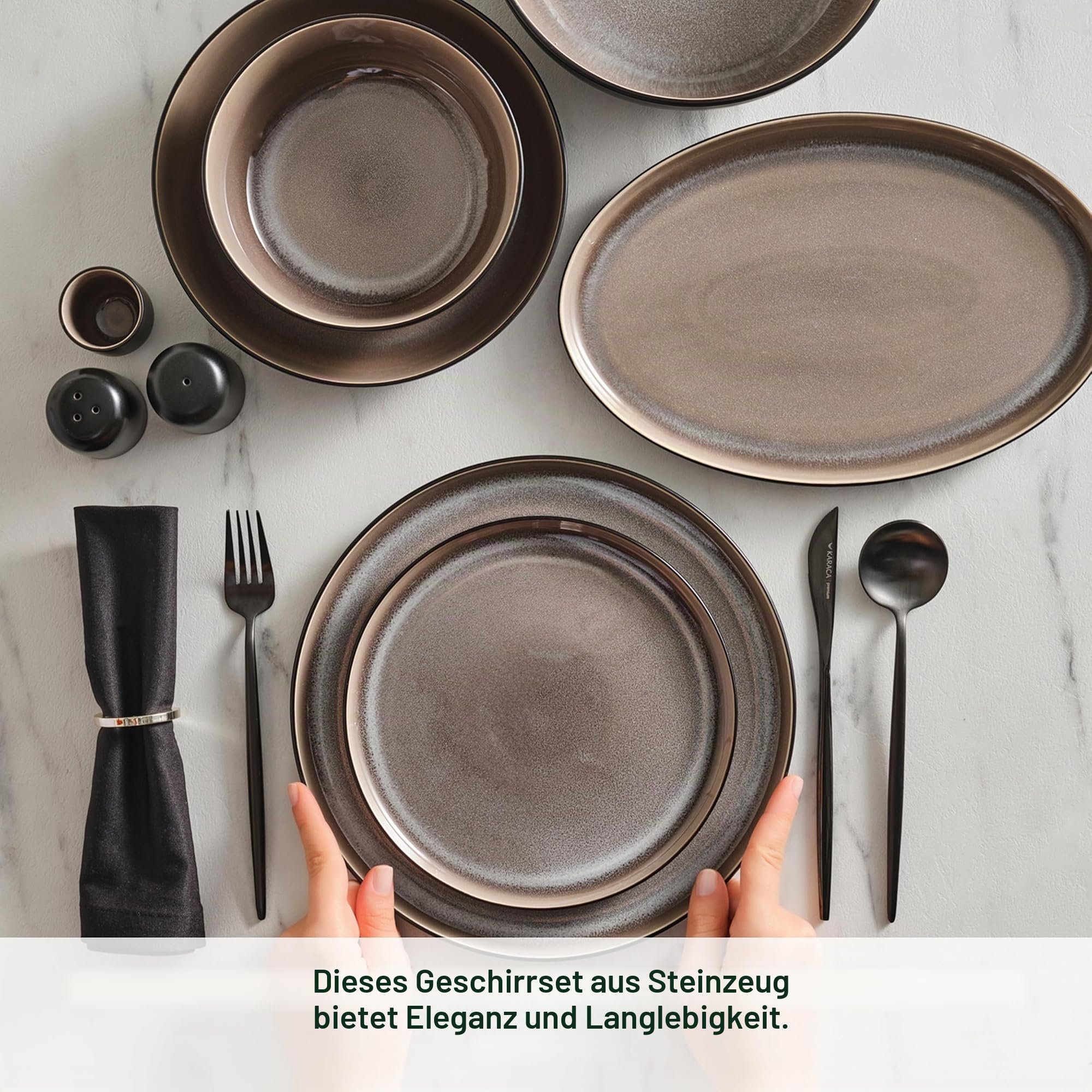 Karaca Mercure - 59-teilig Steingut Geschirrset für 12 Personen, Reaktive Glasur Teller Set mit 12 Servierplatte, Pastateller, Suppenteller, Dessertteller, Steinzeug Geschirr Set Modern - Schwarz